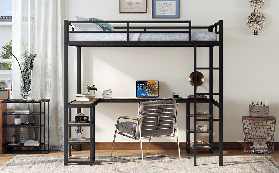 Full Metal Loft Bed With Desk And Shelves, Loft Bed With Ladder And Guardrails, Loft Bed Frame For Bedroom, Black With Vintage Wood Colored Desk Full Black Metal