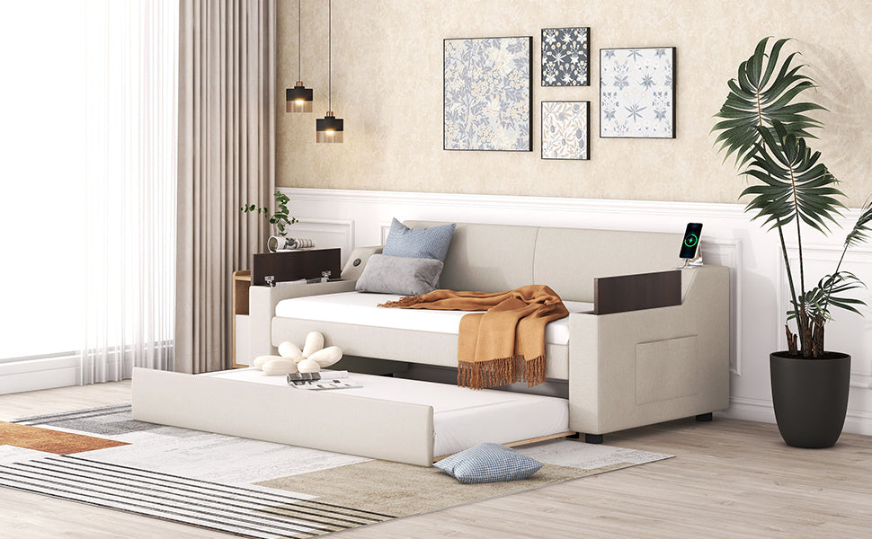 Twin Size Upholstery Daybed With Storage Arms, Trundle And Usb Design, Beige Old Sku:Gx000547Aaa Box Spring Not Required Twin Beige Wood Upholstered