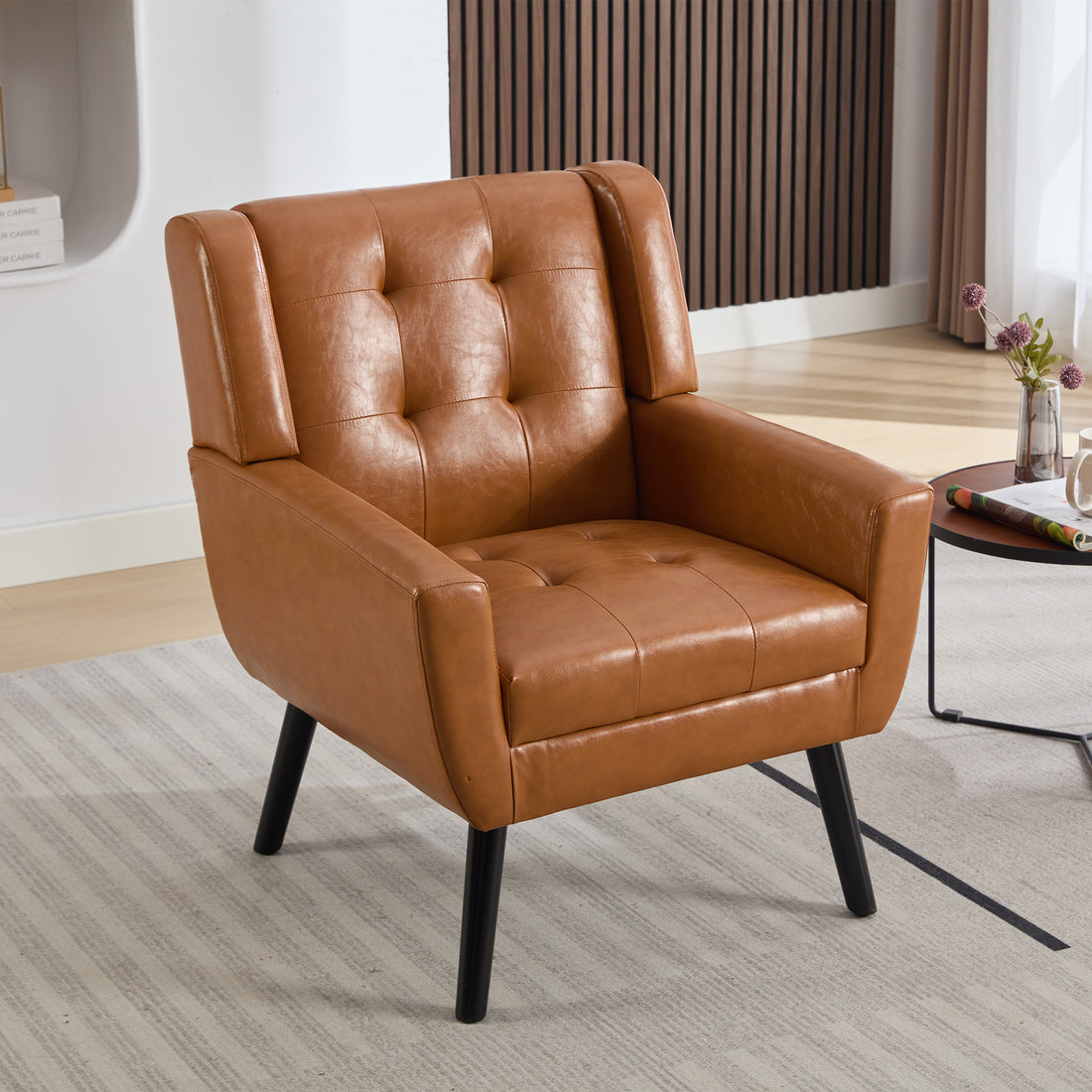 Modern Soft Leather Material Ergonomics Accent Chair Living Room Chair Bedroom Chair Home Chair With Black Legs For Indoor Home Light Brown Pu Light Brown Foam Upholstered