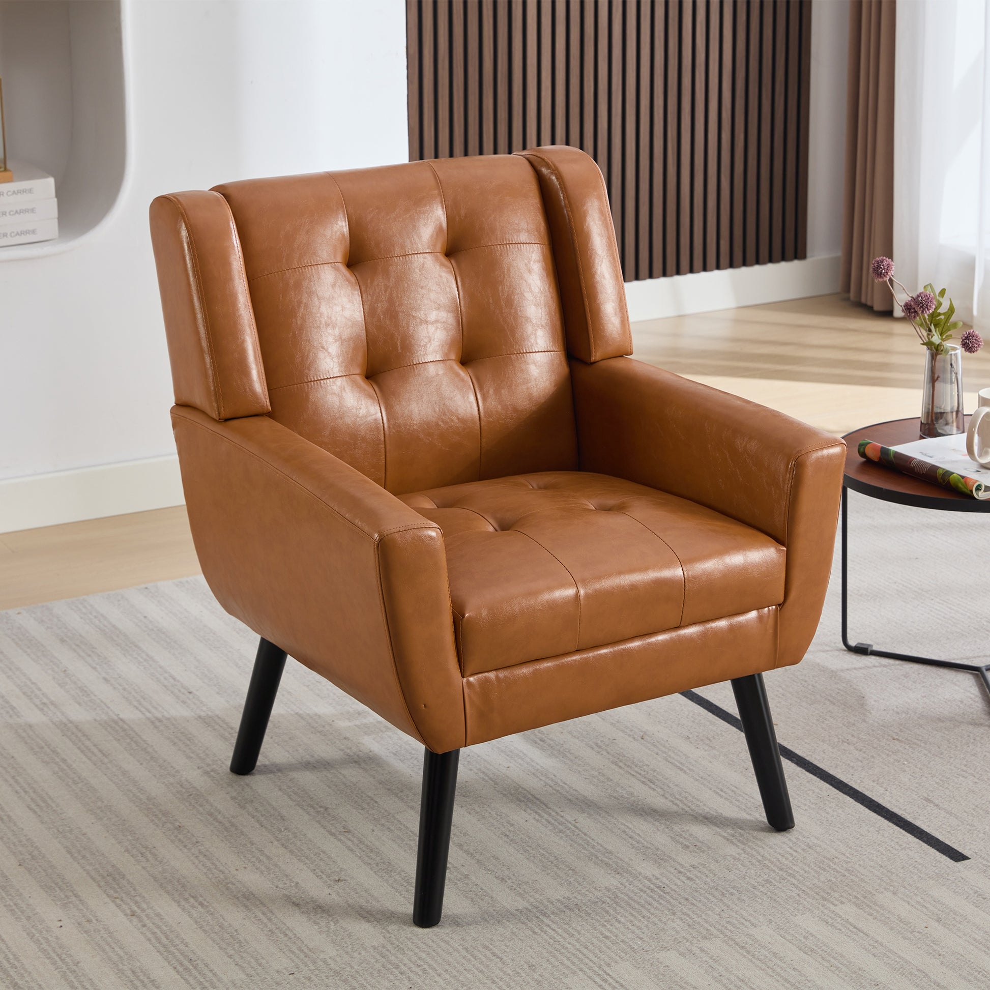 Modern Soft Leather Material Ergonomics Accent Chair Living Room Chair Bedroom Chair Home Chair With Black Legs For Indoor Home Light Brown Pu Light Brown Foam Upholstered