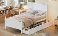 Twin Size Wood Platform Bed With Guardrails On Both Sides And Two Storage Drawers ,White Twin White Wood