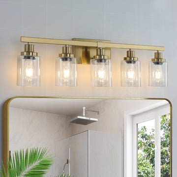 Golden 5 Light Vanity Light With Clear Glass Shades, Modern Iron Metal Bathroom Wall Fixture For Mirror, Ideal For Bathroom And Dressing Table No Bulbs Golden Glass Iron