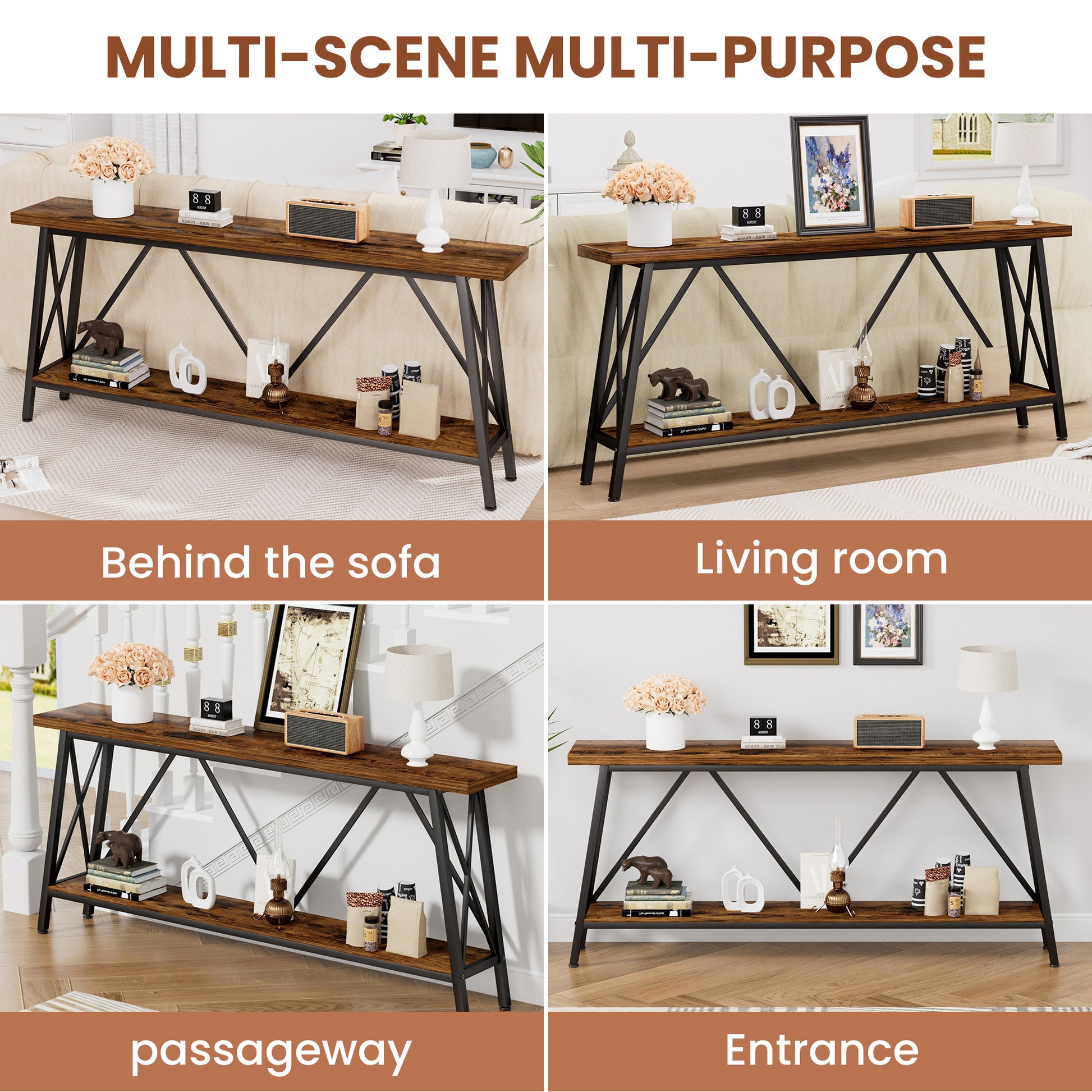 70.9 Inch Extra Long Sofa Table, Console Behind Sofa, Entryway Table With 2 Tier Storage Shelves For Hallways,Living Rooms,Foyers,Entryways,Banquet Rooms,Rustic Brown And Black, 70.9 L X 11.8"W X