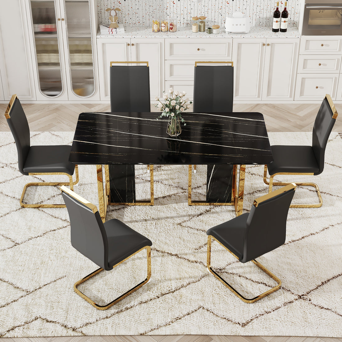 Table And Chair Set. Modern Dining Table With Mdf Top And Beautiful Mdf Legs. Equipped With Comfortable Pu Chairs And Metal Legs. Suitable For A Wide Range Of Decorative Styles. Black Seats 6 Mdf