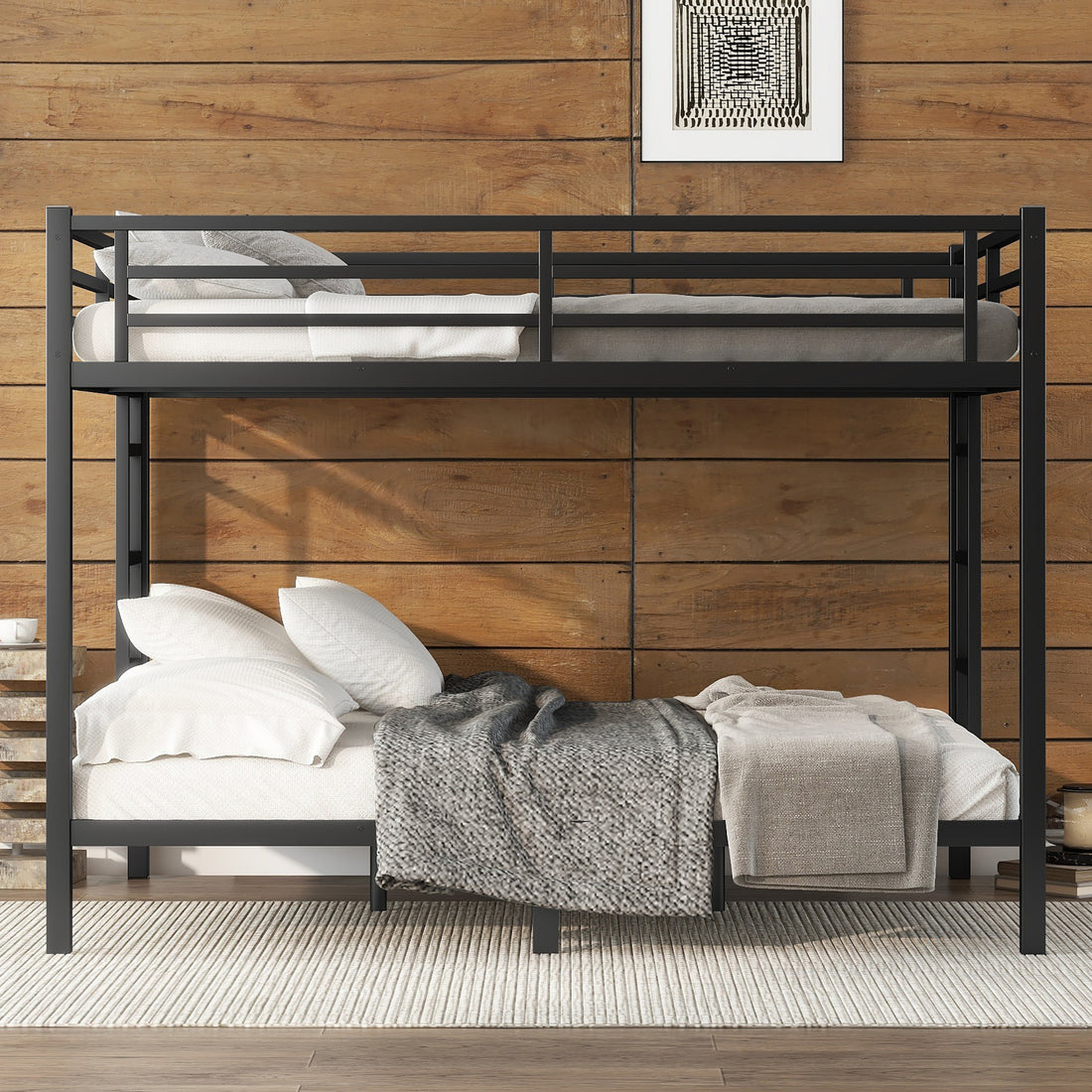 Metal Queen Over Queen Bunk Bed For Teens And Adults,Space Saving Noise Reduced No Box Spring Needed, Black Black Metal