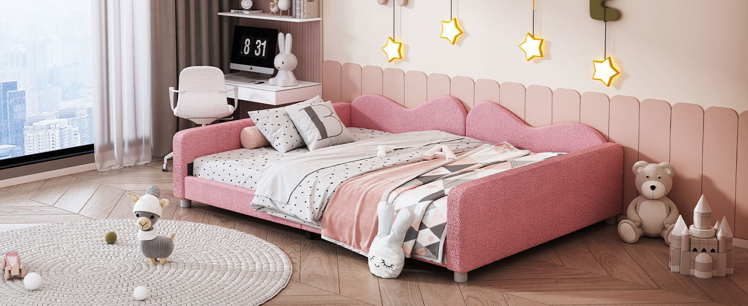 Full Size Upholstered Daybed, Sherpa Fabric Sofabed With Cloud Shaped Backrest, No Box Spring Needed, Pink Full Pink Wood Fabric