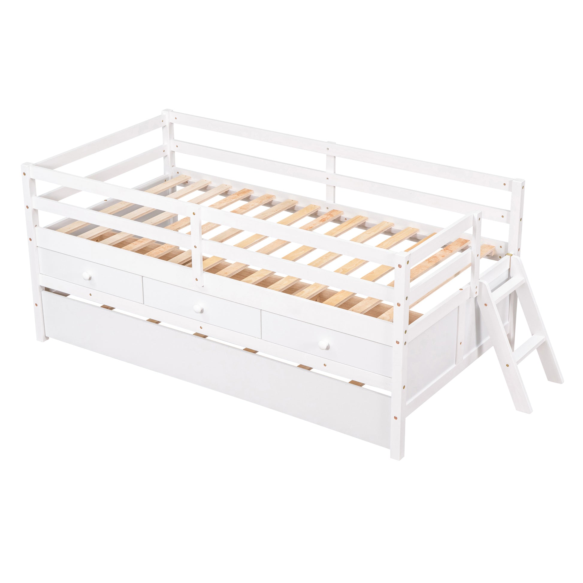 Low Loft Bed Twin Size With Full Safety Fence, Climbing Ladder, Storage Drawers And Trundle White Solid Wood Bed White Solid Wood