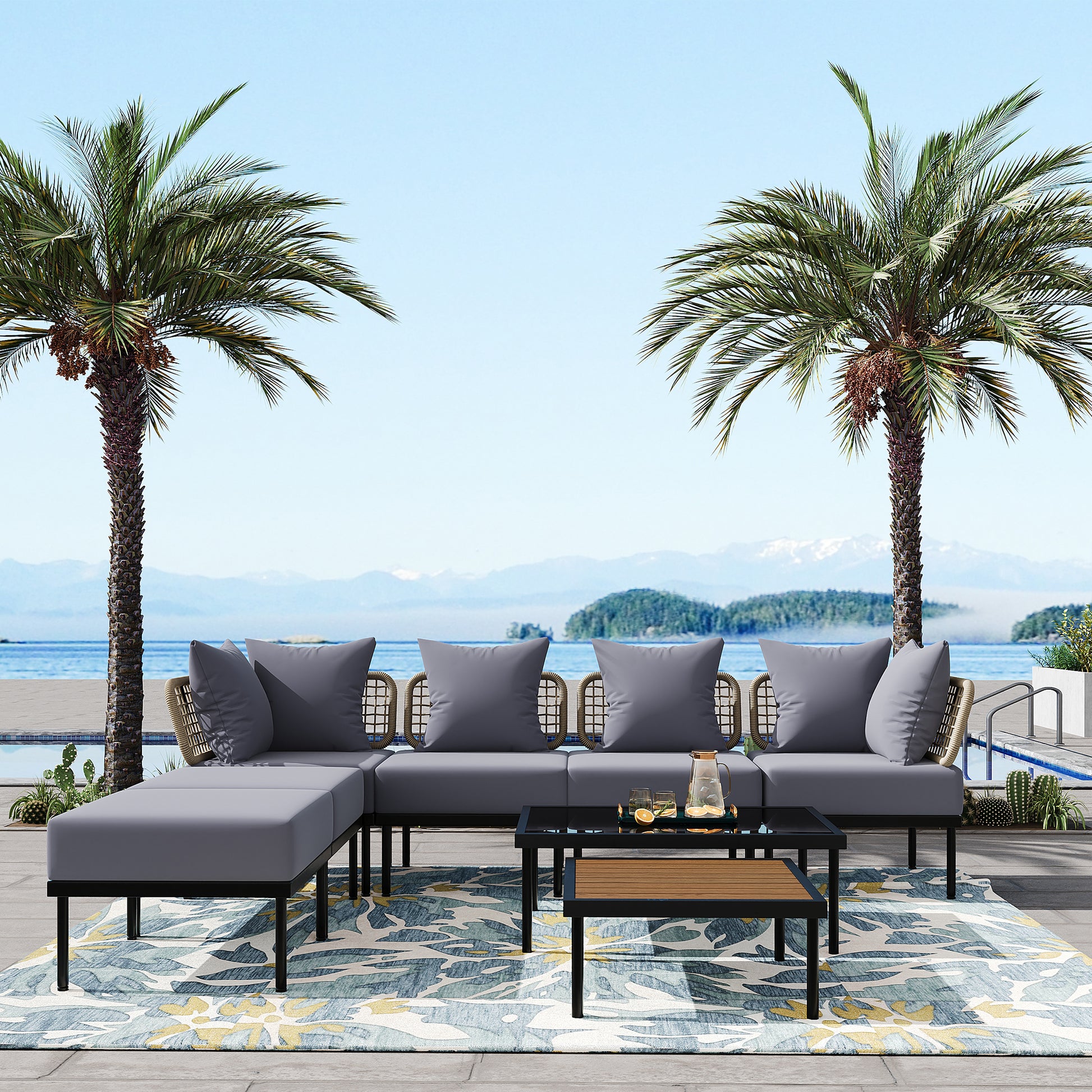 8 Piece Patio Sectional Sofa Set With Tempered Glass Coffee Table And Wooden Coffee Table For Outdoor Oasis, Garden, Patio And Poolside Light Grey Cushion Black Steel Light Grey Iron