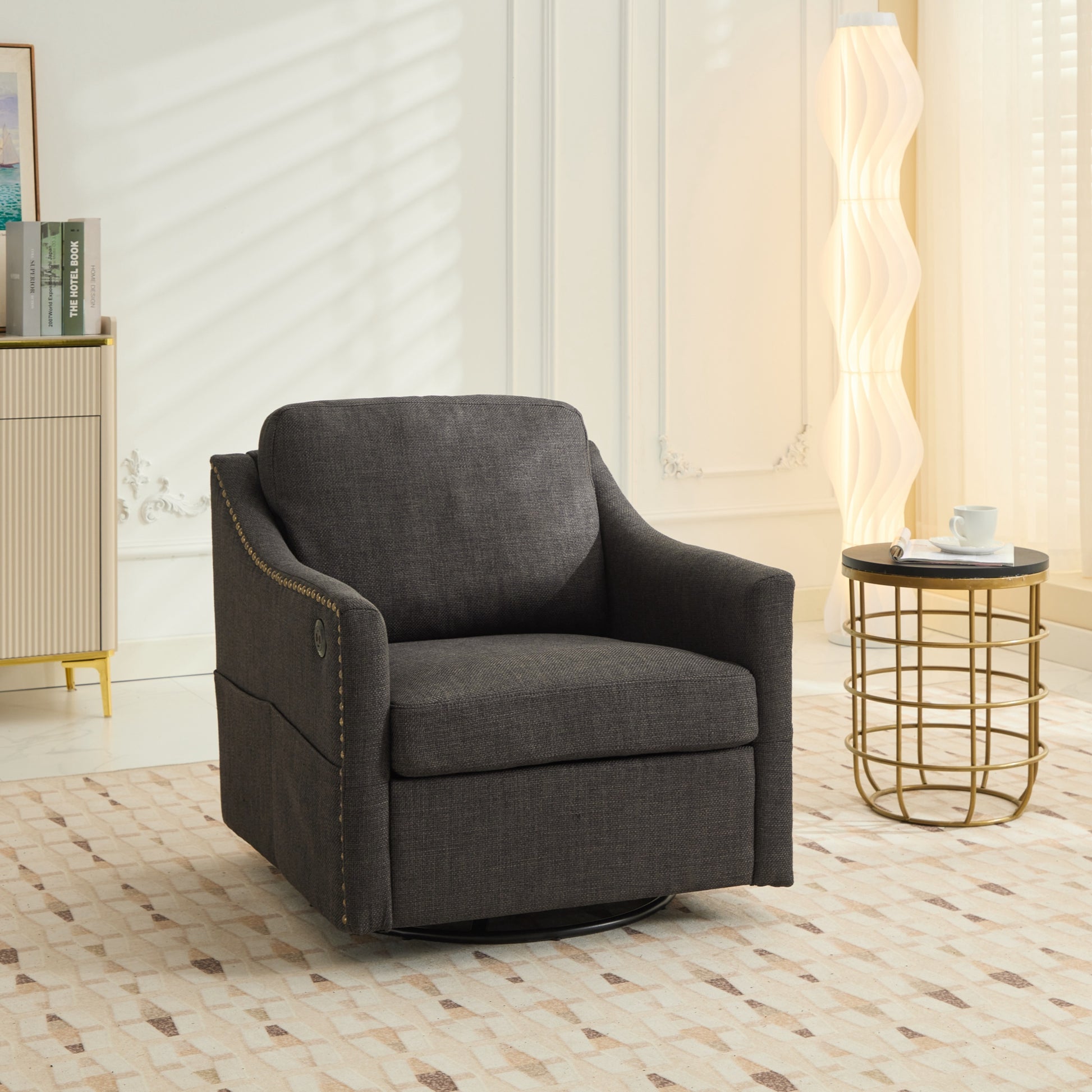 Dark Grey 360 Degree Swivel Rotating Accent Chair With Usb And Magazine Book For Living Room And Hotel Bed Room,Upholstered Accent Chair With Cooper Nail Dark Grey White Primary Living Space American Design,Classic,Modern Pine Foam Wood Fabric