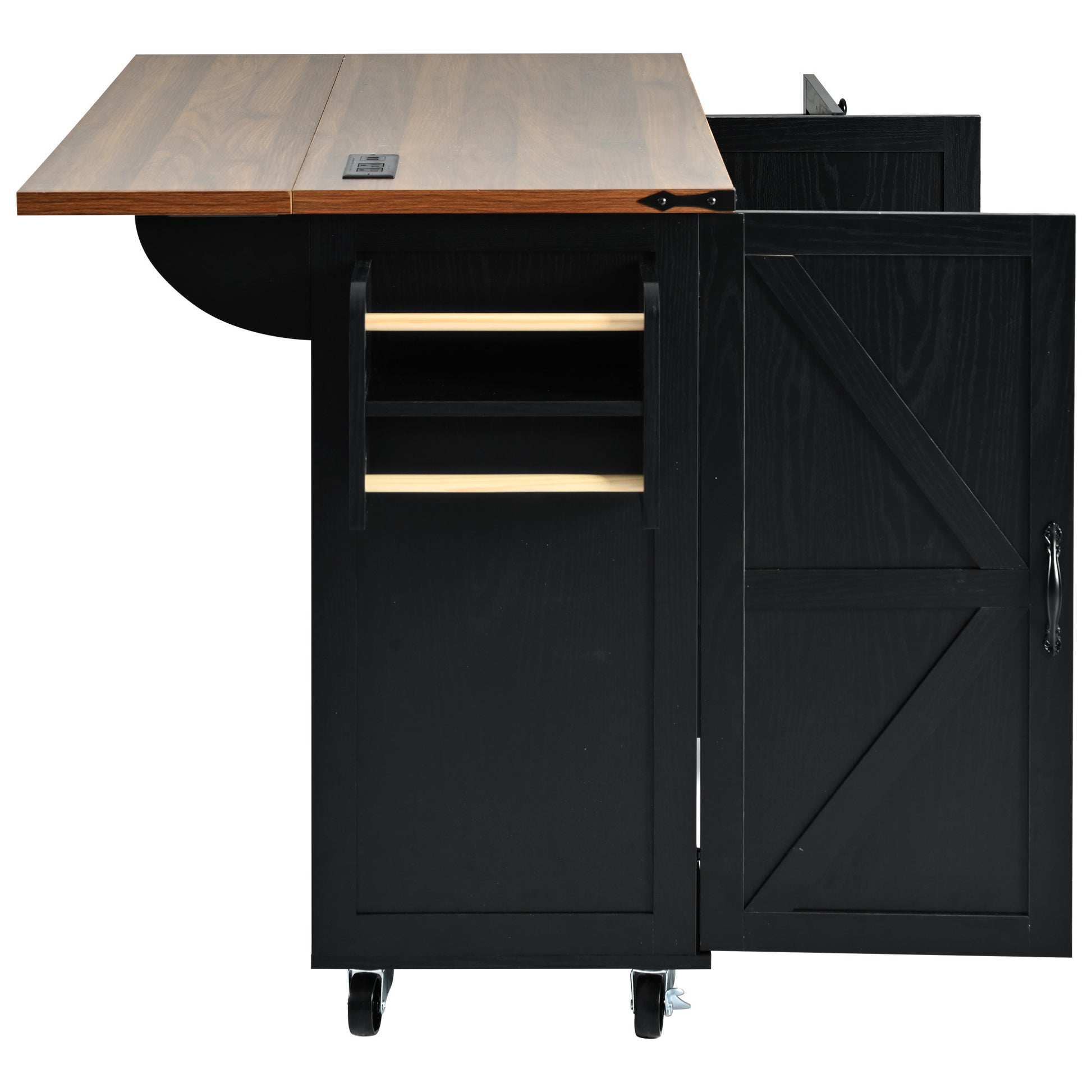 K&K 54.5" Farmhouse Kitchen Island With Power Outlet, Kitchen Storage Island With Internal Storage Rack, Drop Leaf, Spice Rack, Rolling Kitchen Cart On Wheels, For Home, Kitchen And Dining Room,Black Black Brown Kitchen Classic,Farmhouse,Luxury,Modern