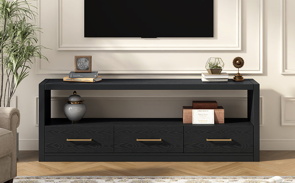 Mirod Stylish Tv Stand With Large Storage,Classic Design With Three Drawers And Spacious Surface,Minimalist Metal Handles,Versatile As Tv Console Or Side Cabinet Black 70 79 Inches Mdf