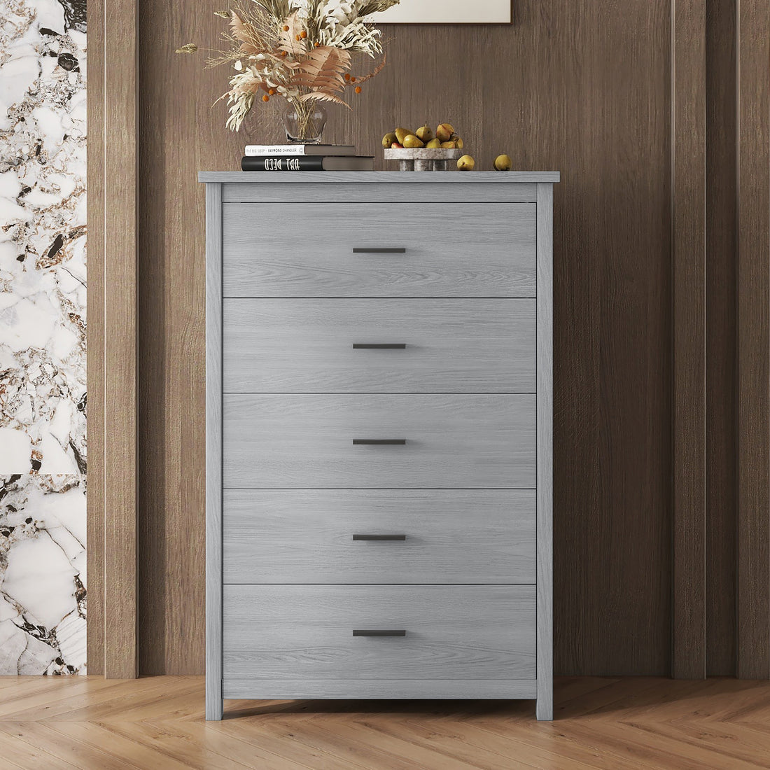 Retro American Country Style Wooden Dresser With 5 Drawer, Storage Cabinet For Bedroom, Light Gray Light Gray Particle Board Mdf