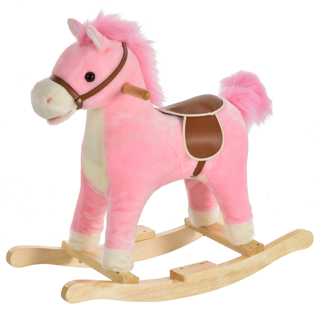 Qaba Rocking Horse Plush Animal On Wooden Rockers, Baby Rocking Chair With Sounds, Moving Mouth, Wagging Tail, Pink Pink Plush