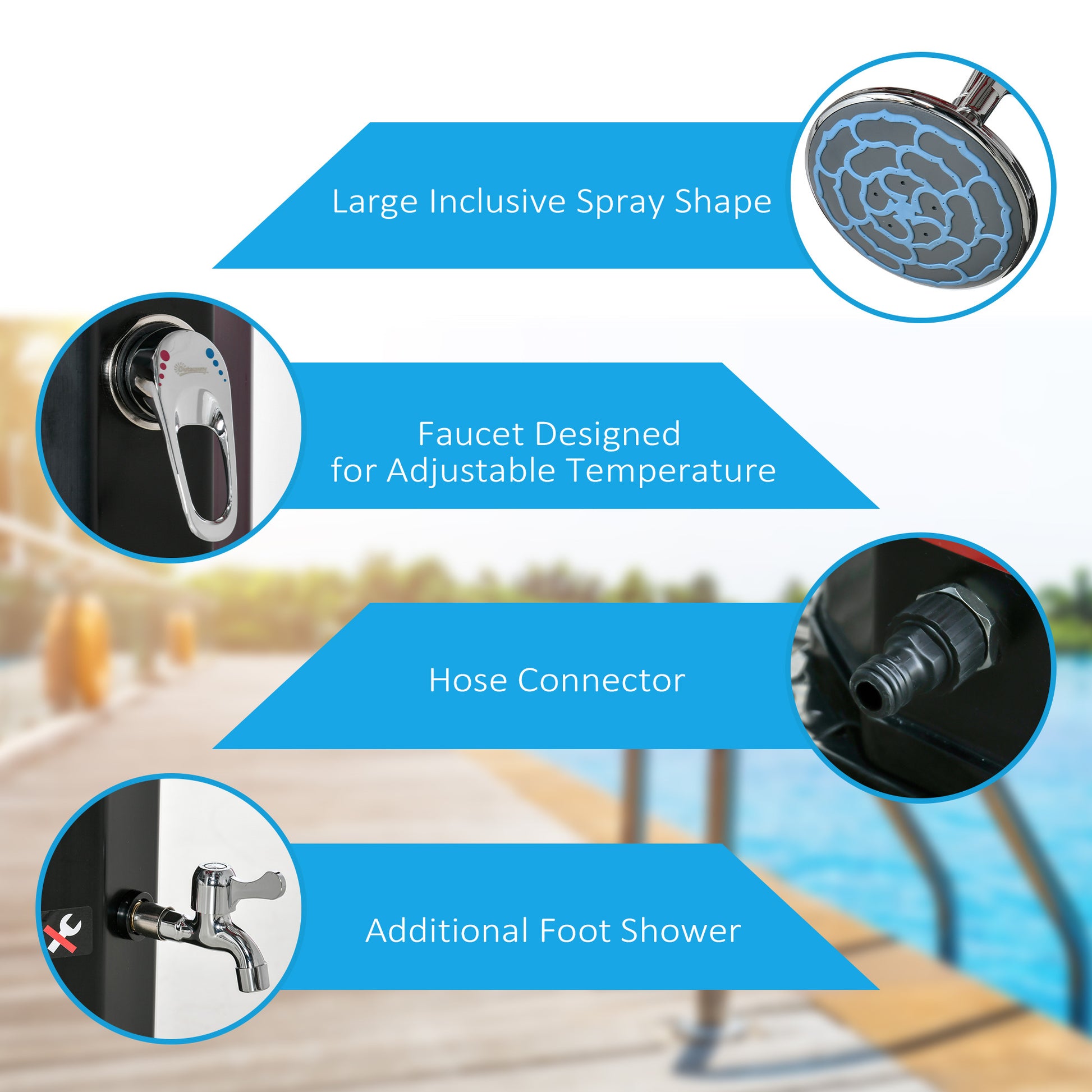 Outsunny 7Ft Outdoor Solar Heated Shower With 360 Rotating Shower Head, Foot Shower Faucet, Temperature And Pressure Adjustable, Holds 9.2 Gallons For Backyard Pool Black Plastic