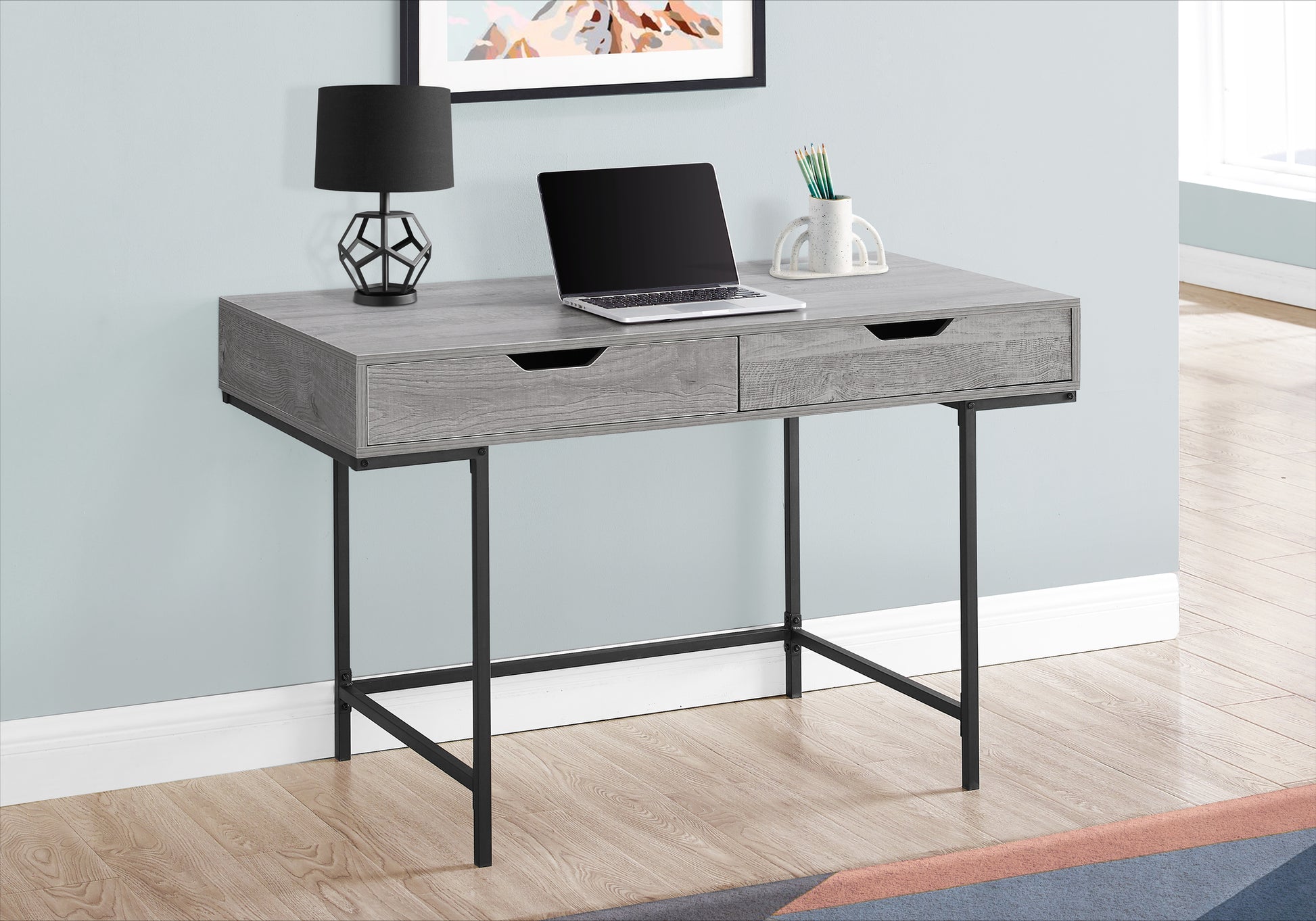 Computer Desk, Home Office, Laptop, Storage Drawers, 48"L, Work, Grey Laminate, Black Metal, Contemporary, Modern Grey Particle Board