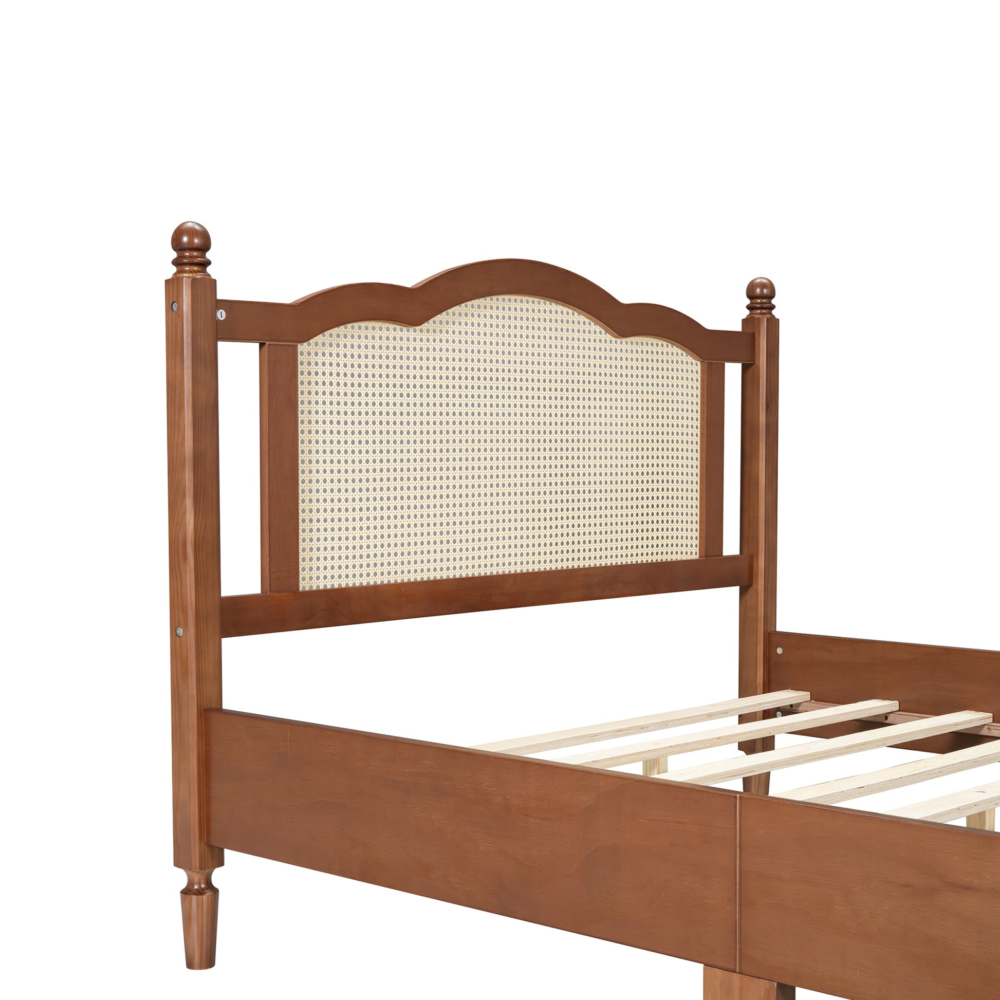 Full Size Wooden Platform Bed With Natural Rattan Headboard, Vintage Bed Frame With Wooden Slat Support, Walnut Expected Arrival Time: 08.23 Box Spring Not Required Full Walnut Wood