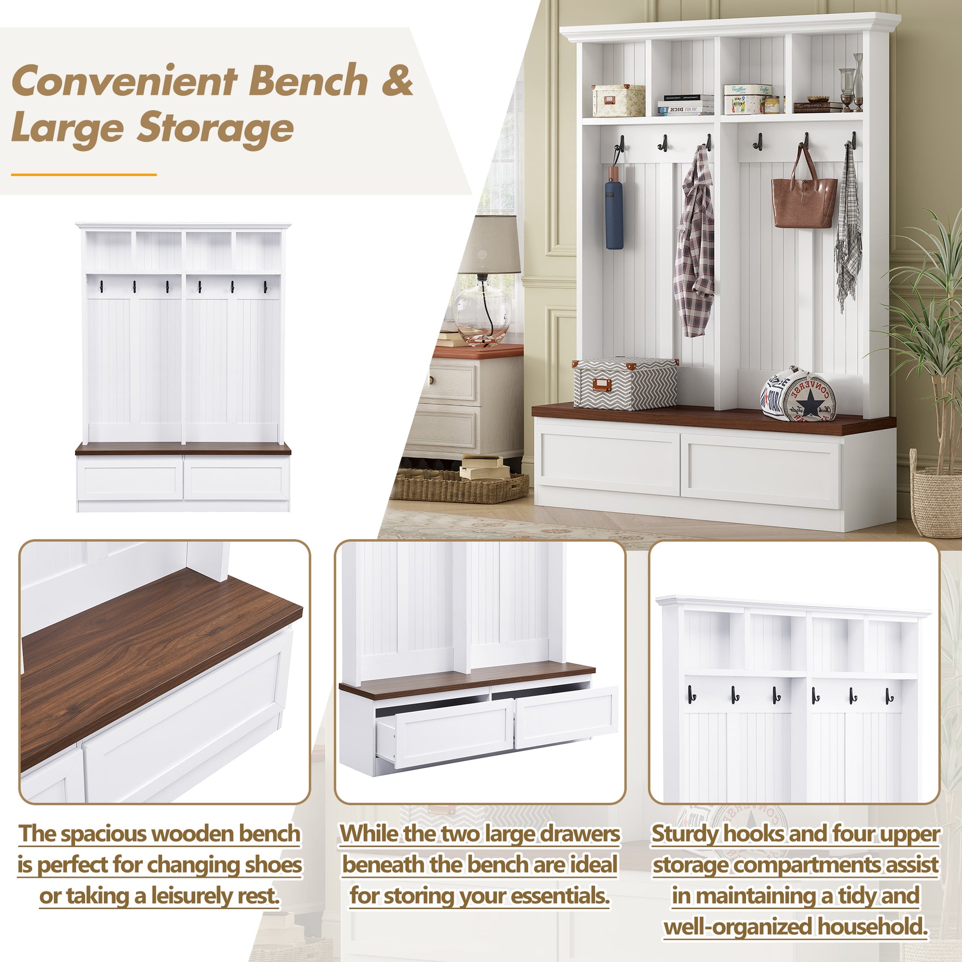 Farmhouse 4 In 1 Hall Tree With Wood Grain Bench, Mudroom Versatile Coat Rack With 2 Large Drawers, Large Entrance Organizer With 6 Black Hooks For Hallway, Living Room, White, 55.9"Wx75.6"H White