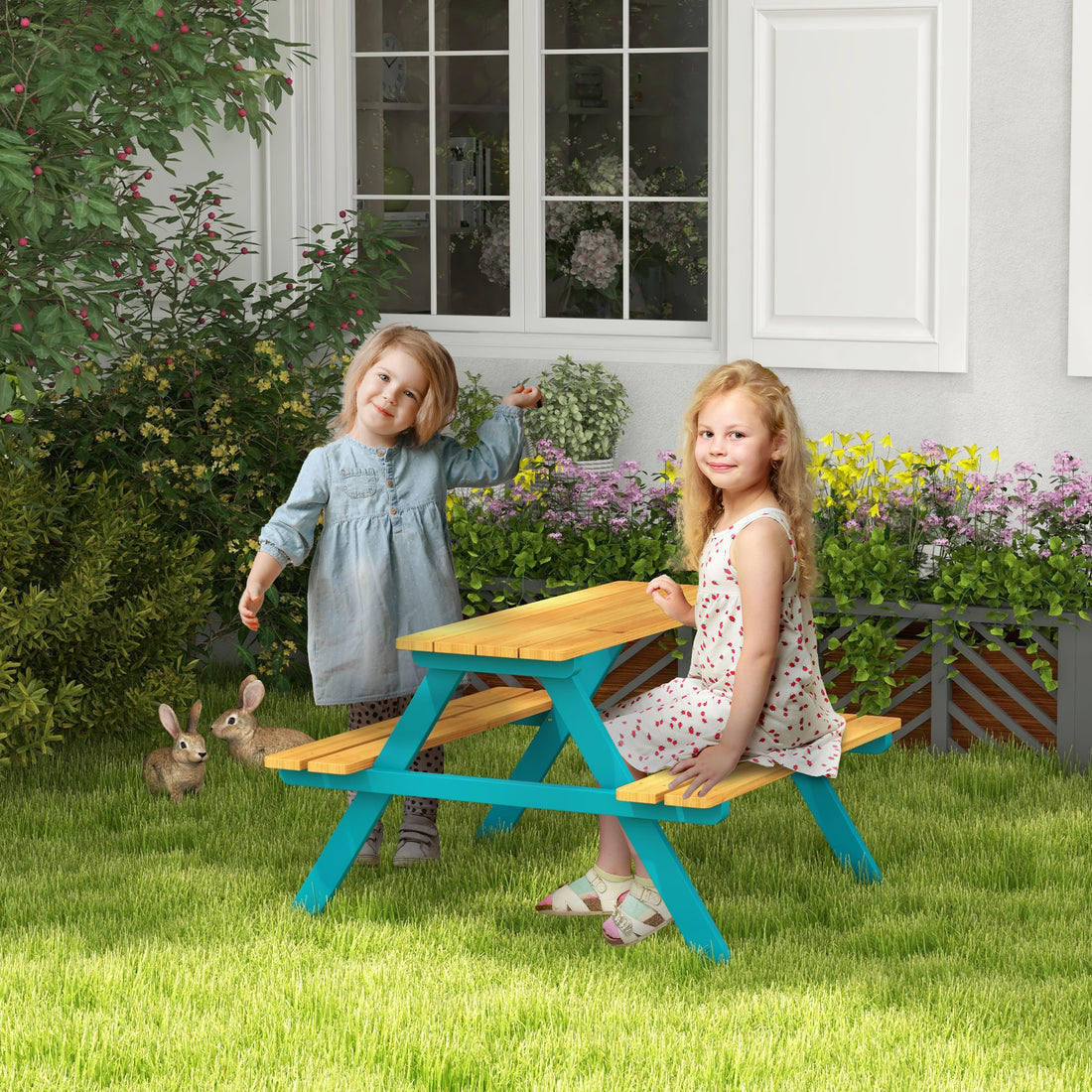 Outsunny Kids Picnic Table Set With Wooden Table, Outdoor Bench Set With Seating For 4 Kids Ages 3 8 Years Old For Patio Garden, Easy Installation, Outdoor Indoor Use, Natural Wood Natural Wood Wood