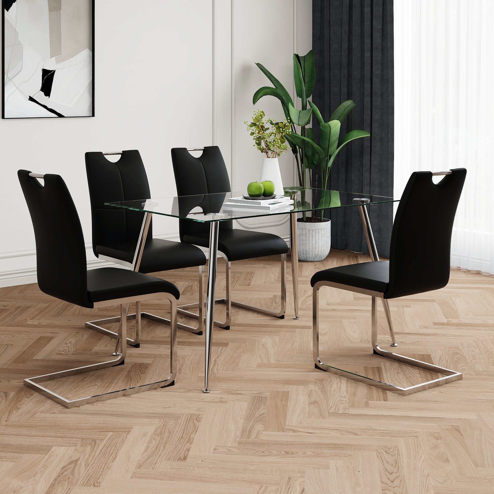 Modern Simple Rectangular Glass Dining Table, Solid Tempered Glass Tabletop, Electroplated Table Legs, Black Pu Dining Chair Set, Suitable For Restaurant Kitchen Use Set Of 5 Upholstered Chair Glass Black Seats 4 Metal Rectangular Dining Table With Chair
