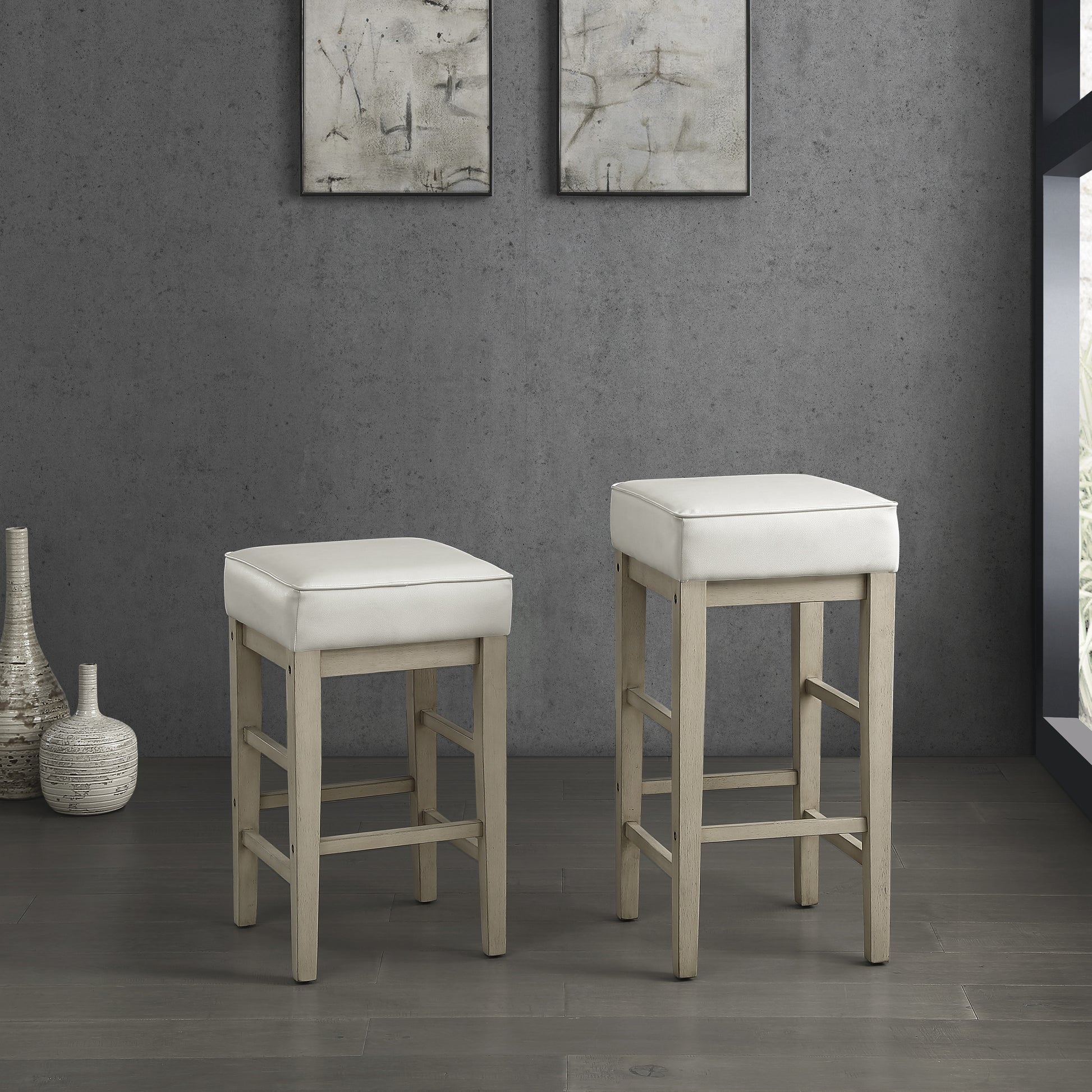 Transitional White Faux Leather Seat 24 Inch Counter Height Stools Set Of 2, White Finish Solid Wood Frame White White Dining Room Transitional Solid Wood