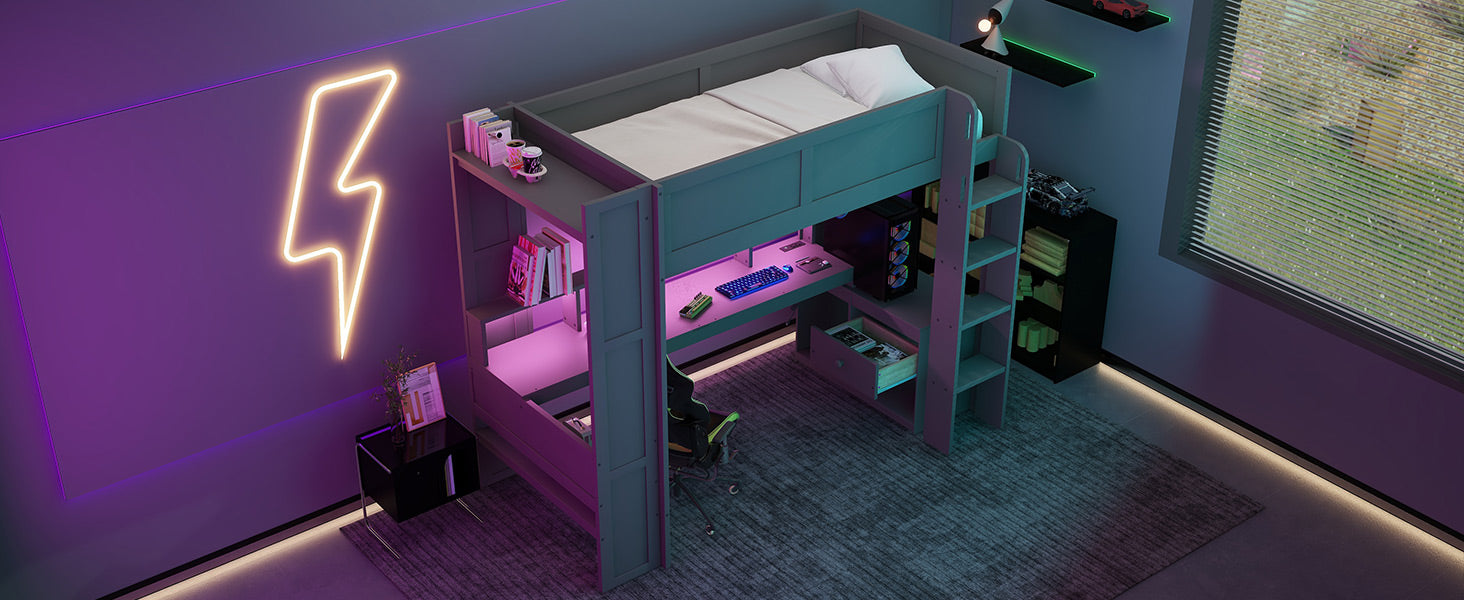 Wood Twin Size Gaming Loft Bed With Desk, Multi Storage Shelves, Led And Charging Station, Dark Gray Box Spring Not Required Twin Dark Gray Wood Bedroom Bed Frame Solid Wood Mdf
