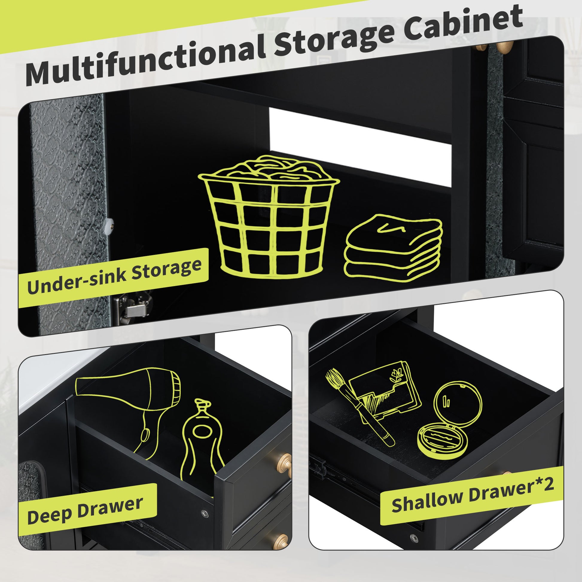 36 Inch Bathroom Vanity With Two Soft Close Doors, Adjustable Shelves And Three Soft Close Drawers Black Bathroom Solid Wood Mdf