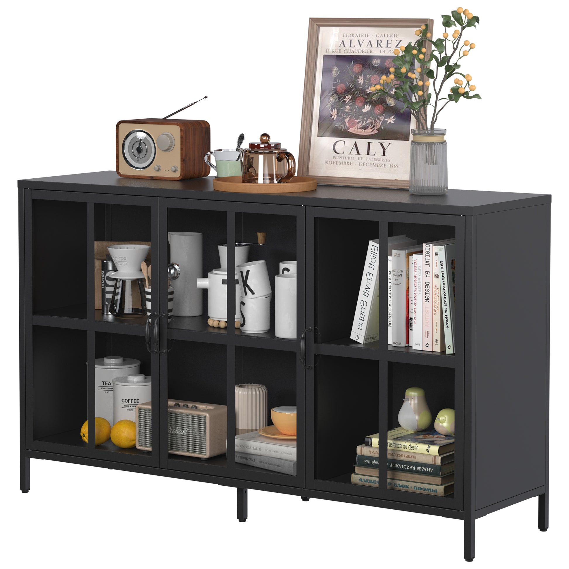Heavy Duty Metal Modern Sideboard Buffet Cabinet With Storage Premium Steel Storage Cabinet ,Adjustable Feet,Glass Doors,Large Capacity Organizer For Living Room,Bed Room,Dining Room Black Kitchen