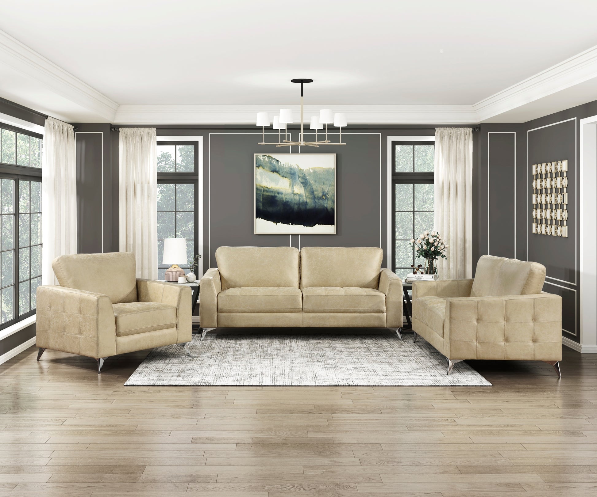 Sand Hued Polished Microfiber Upholstery Elegant Modern Style Chair 1Pc Solid Wood Living Room Furniture Silver Finish Metal Legs Sand Primary Living Space Modern Solid Wood