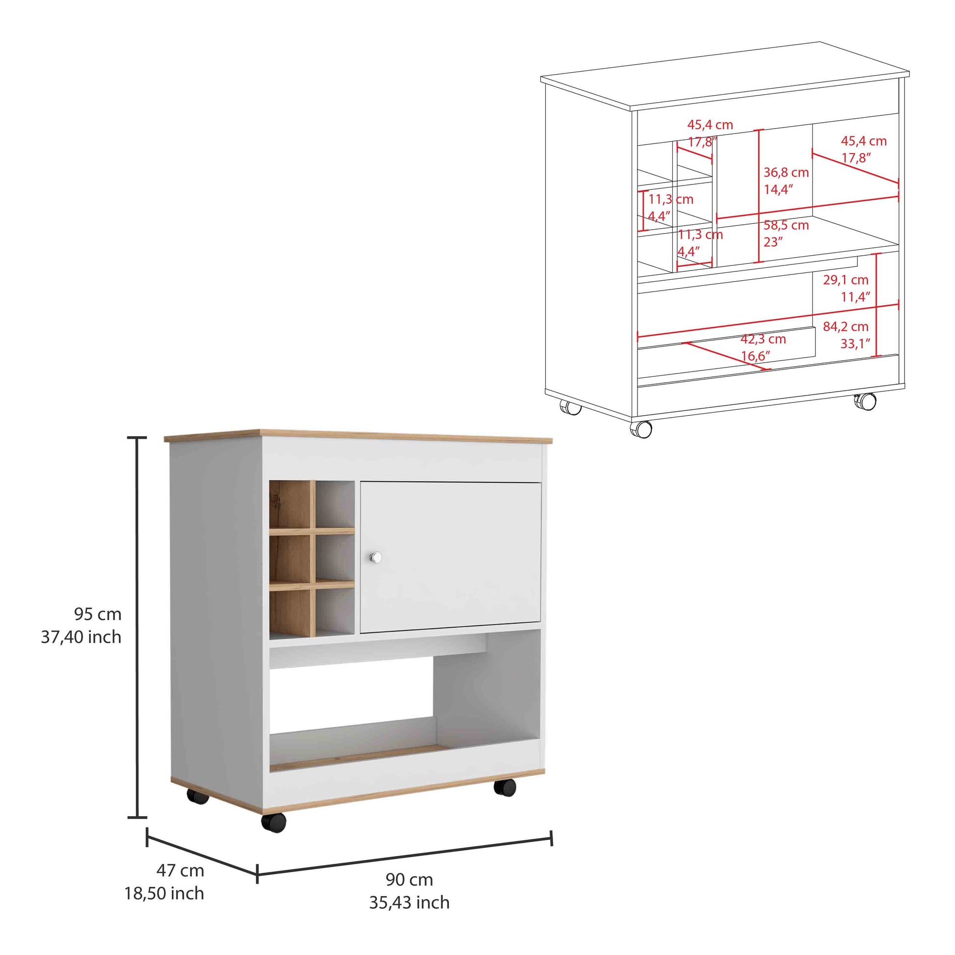 Camelia Bar Cart, Lower Panel, Six Bottle Cubbies, One Cabinet Light Oak White Multicolor Dining Room Modern Rectangular Particle Board Particle Board Medium 40 55In