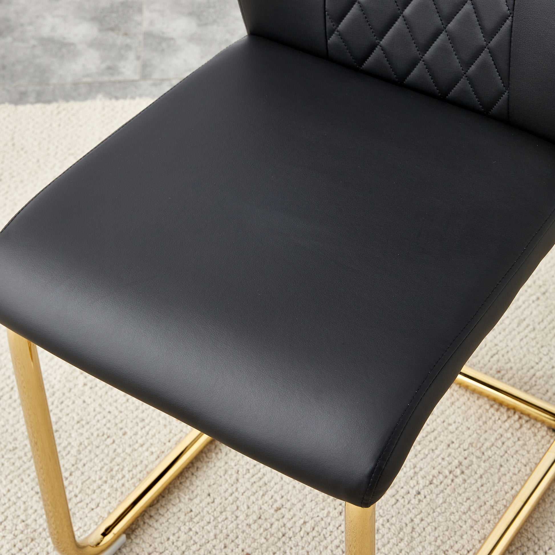 Table And Chair Set.The Table Has A Glass Tabletop With Imitation Marble Pattern Stickers And Stainless Steel Golden Table Legs. Paried With Comfortable Chairs With Pu Seats And Metal Legs. Gold Black Seats 8 Glass Metal