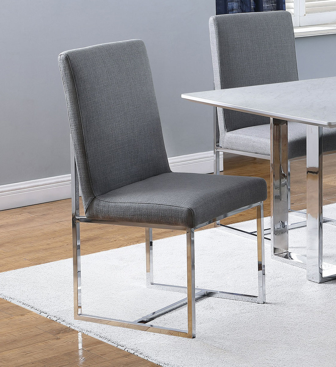 Set Of 2 Upholstered Dining Chairs With Chrome Metal Frame, Grey Solid Grey Dining Room Rectangular Side Chair Set Of 2 Chrome,Fabric