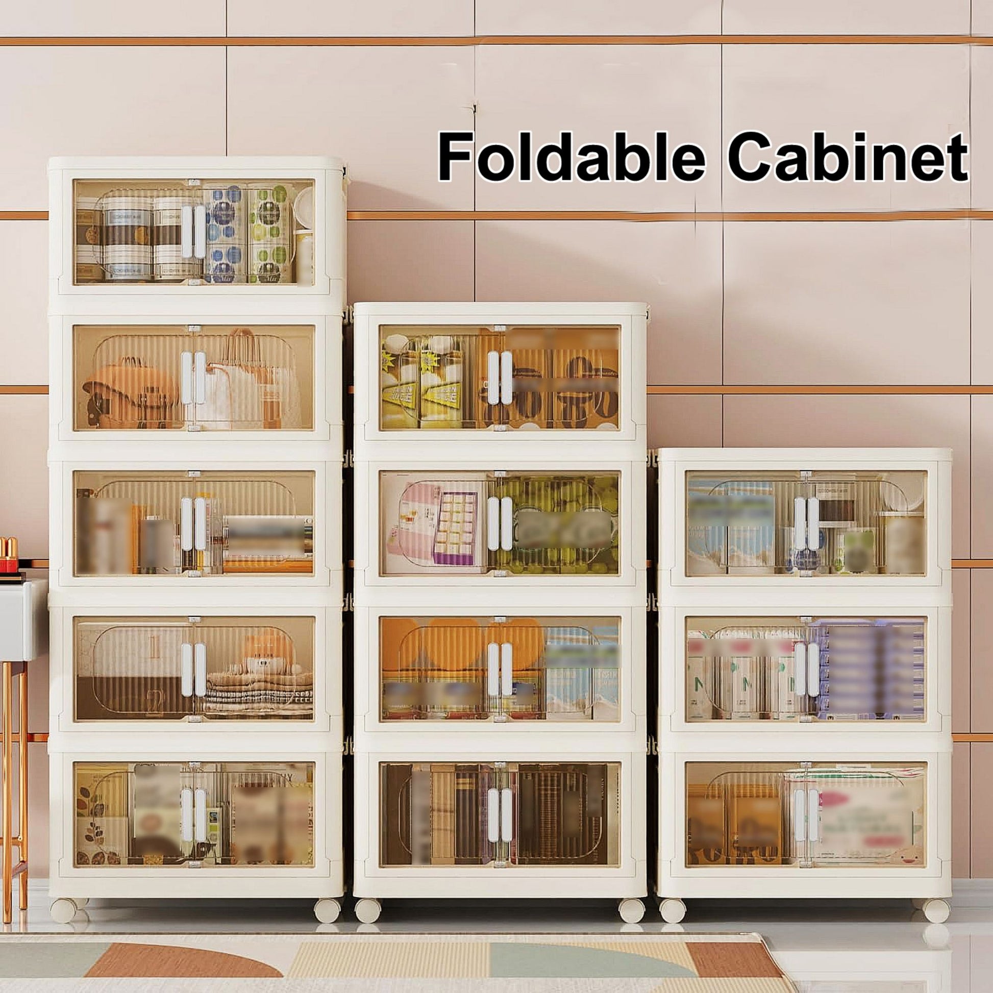 19.69" Side Wide Folding Storage Cabinet ,3 Tiers,19.69" 11.81" 31.1",Collapsible Storage Bins With Magnetic Door, Plastic Storage Cabinet With Wheels, Closet Organizers And Storage Containers Cream