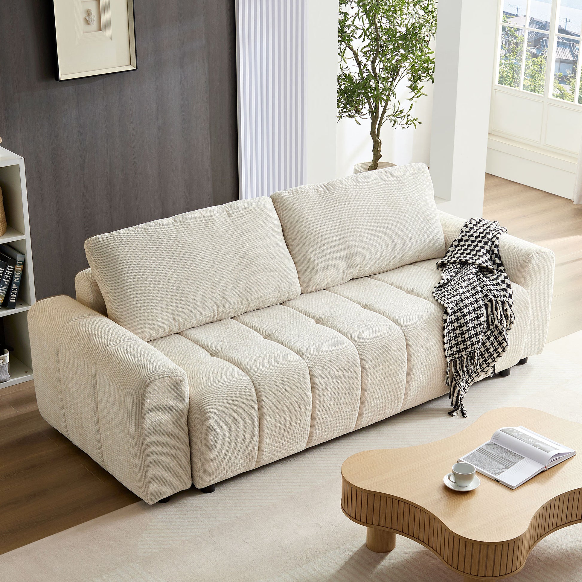 94.49''Sleeper Sofa, Sofa Bed 2 In 1 Pull Out Couch Bed With Storage Chaise For Living Room, Sofa Sleeper With Pull Out Bed, Cream Style Couch Beige Fabric 3 Seat