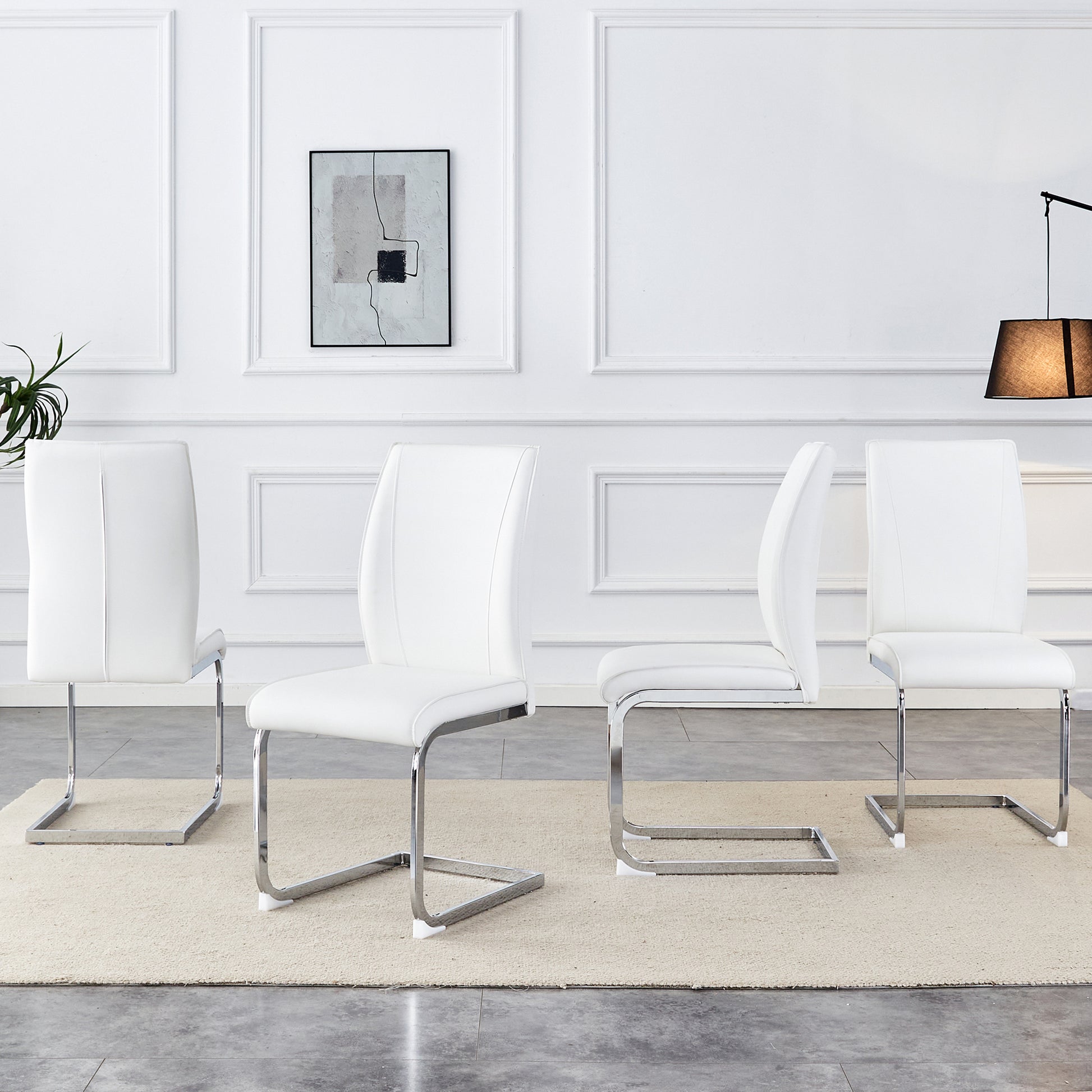 Luxury Simple Arch Chair Set Of 4 White Pu Material High Resilience Dining Chair With Arched Metal Silver Leg. White Silver Metal,Pu