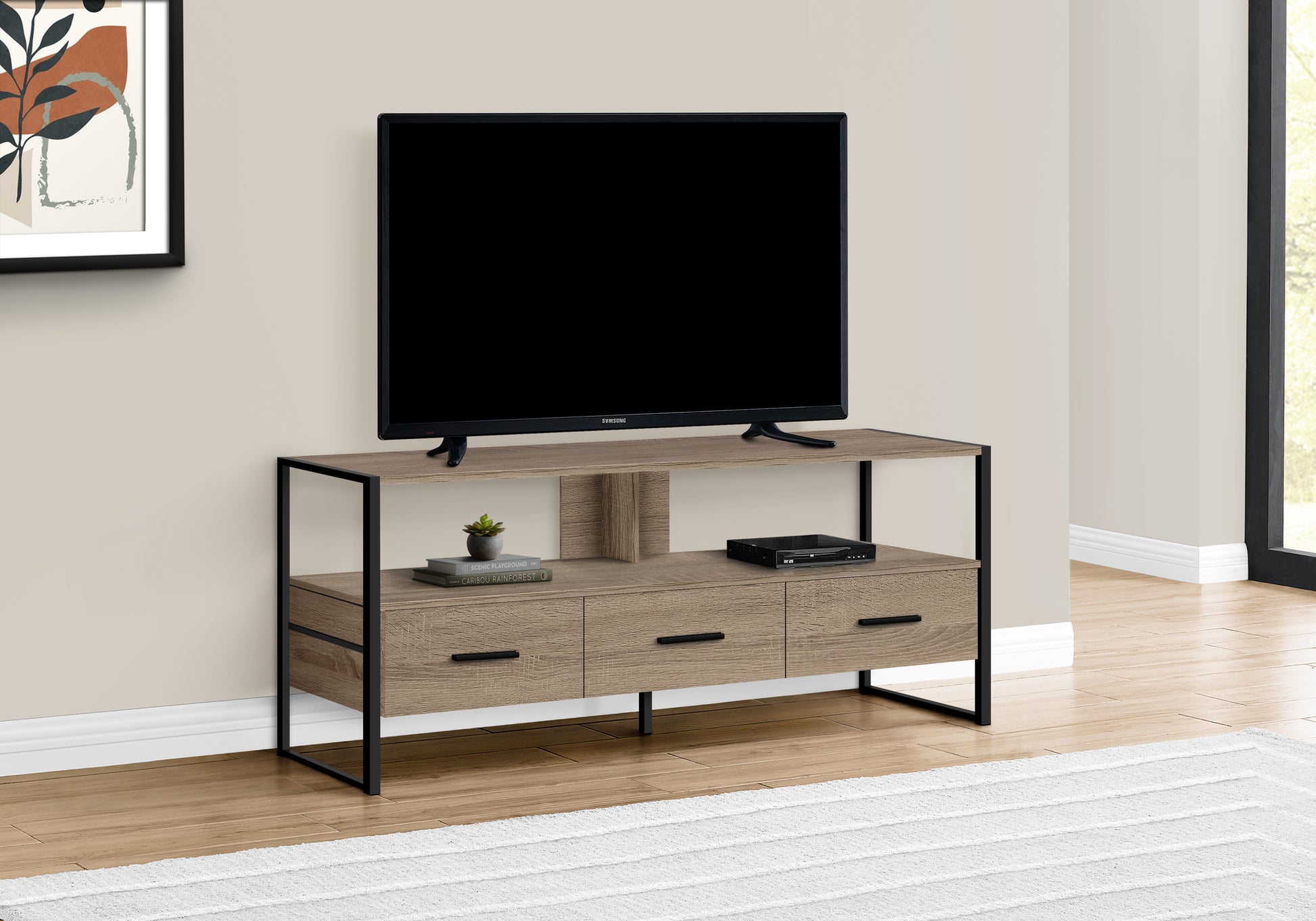 Tv Stand, 48 Inch, Console, Media Entertainment Center, Storage Drawers, Living Room, Bedroom, Brown Laminate, Black Metal, Contemporary, Modern Taupe 80 89 Inches Particle Board