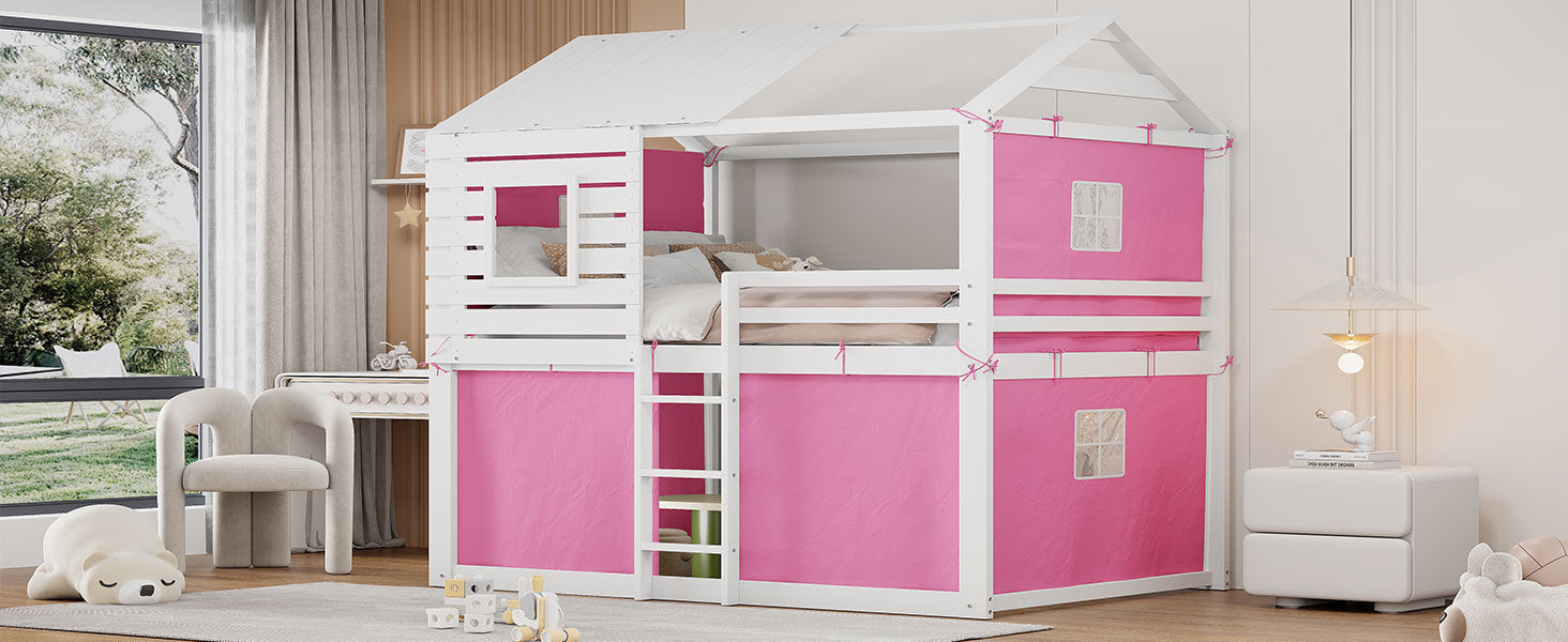 Full Size Bunk Wood House Bed With Tent, Pink White Full Pink White Solid Wood Mdf