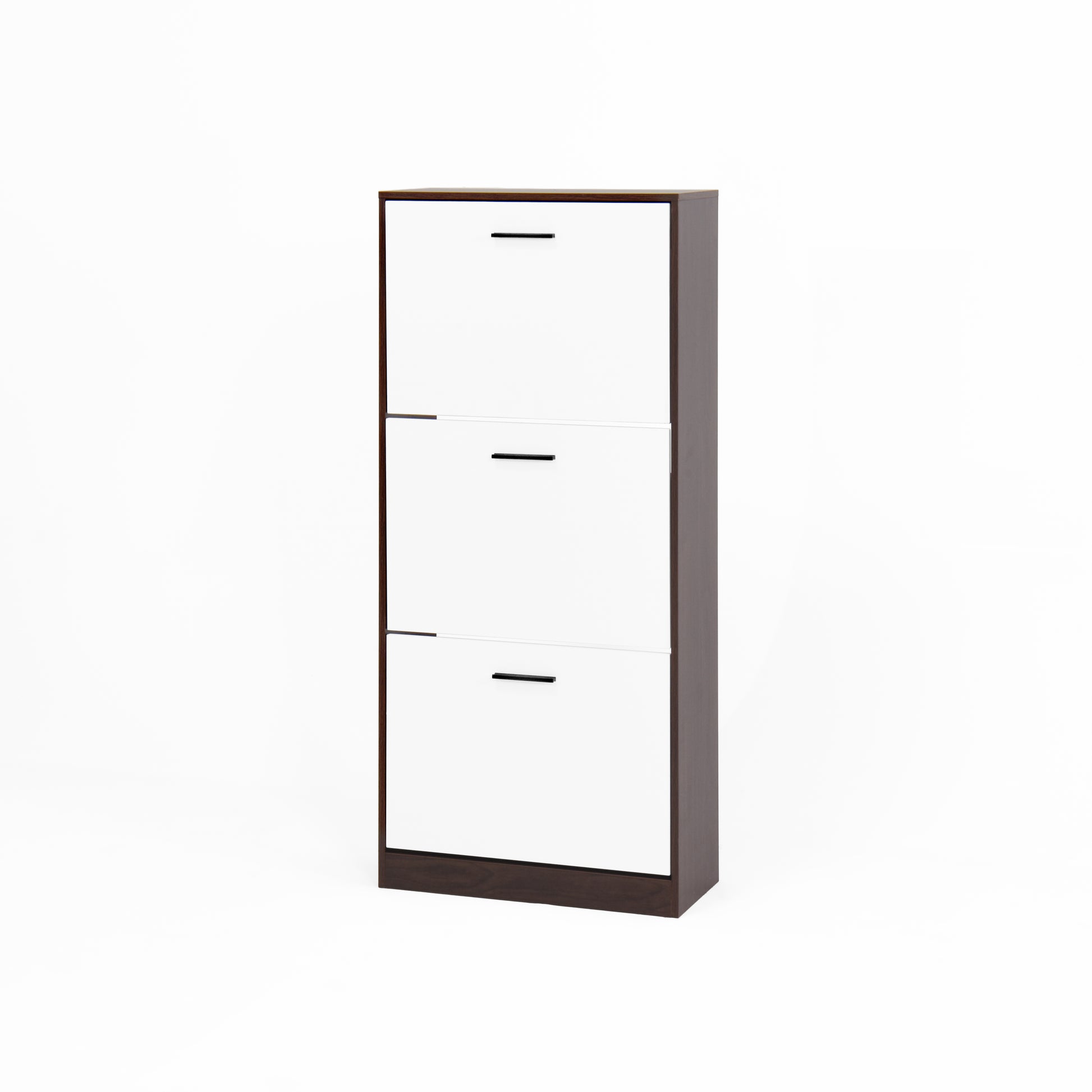 Shoe Storage Cabinet With 3 White Panel Flip Drawers, Freestanding Organizer For Entryway, Narrow Shoe Rack Cabinet 3 4 Spaces Walnut Primary Living Space Particle Board