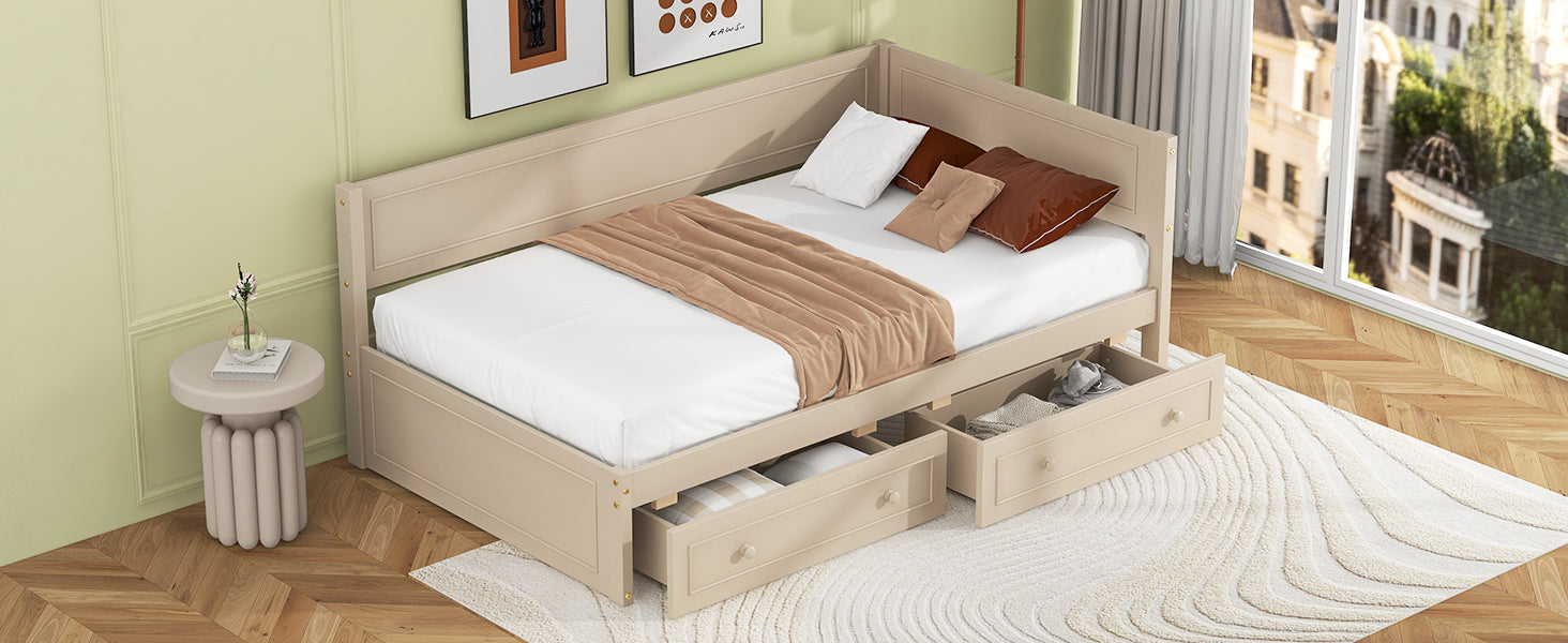 Twin Size Wood Daybed With 2 Drawers And Guardrail, Beige Beige Solid Wood Mdf