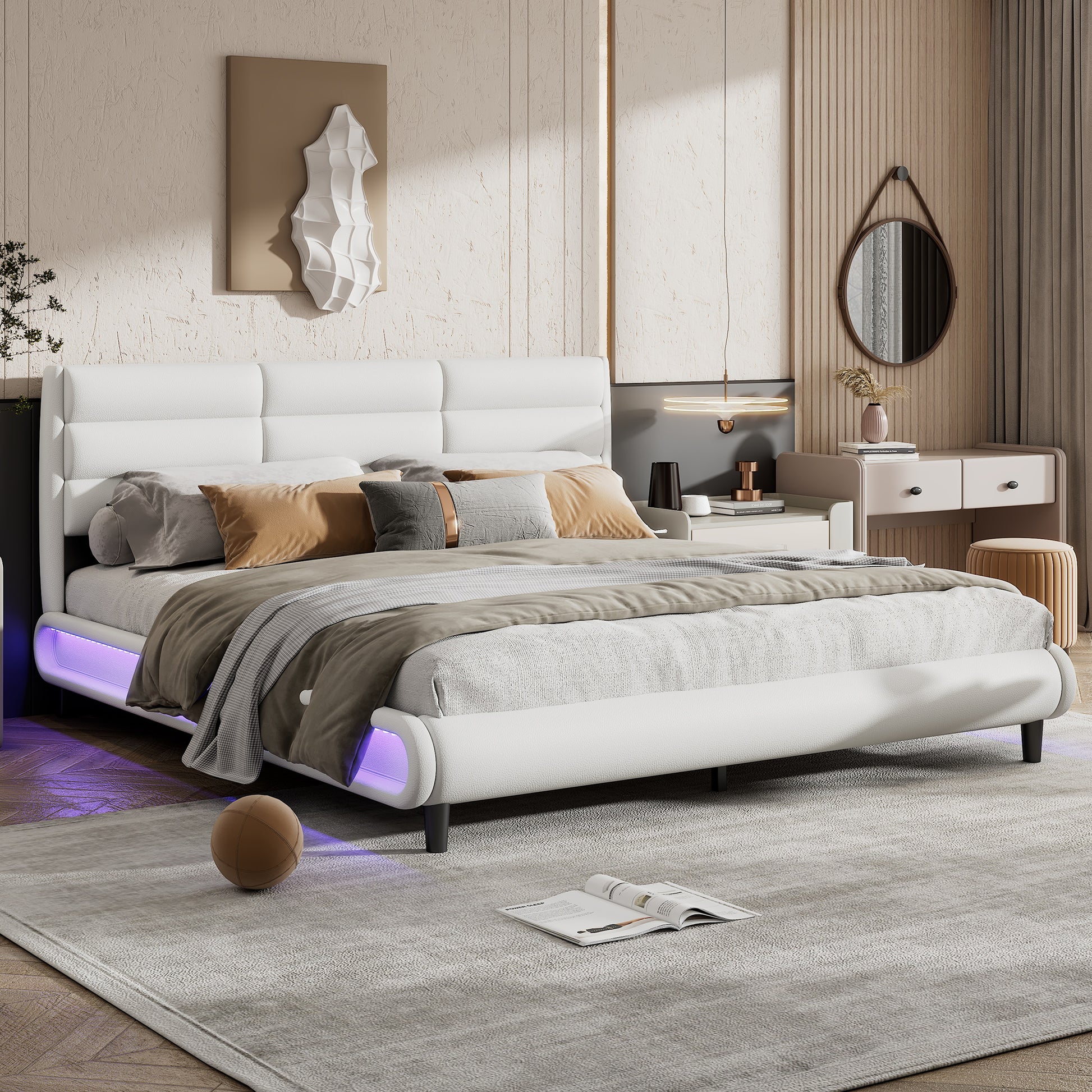 King Size Upholstered Platform Bed With Led Light Strips,White King White Upholstered