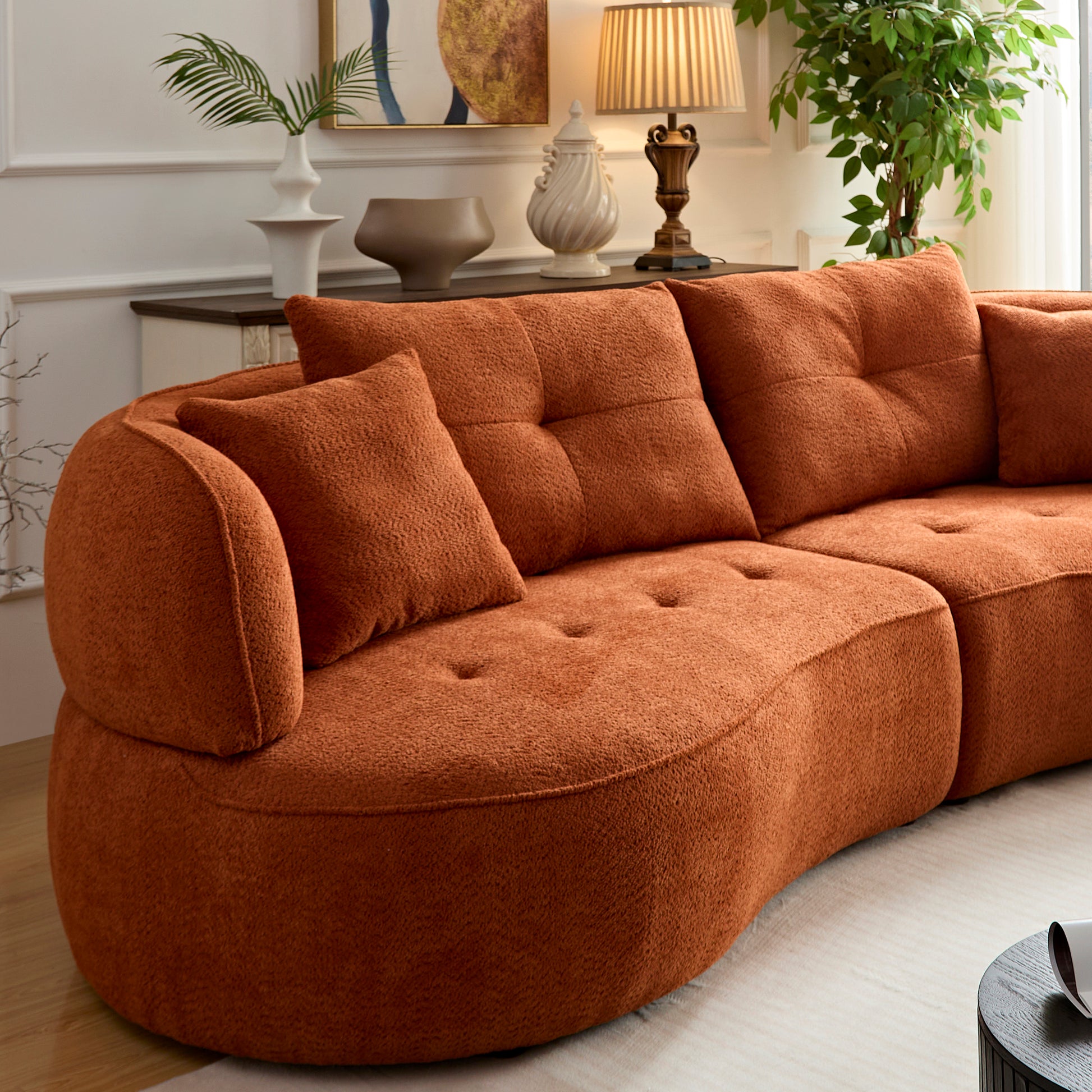 Wks7C Orange Sectional Sofa With Removable Pillows, Durable Fabric, Solid Wood Frame, High Density Sponge Filler Orange Fabric 4 Seat