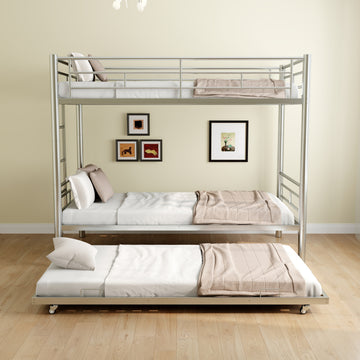 Heavy Duty Sturdy Meta Twin Over Twin With Trundle Bunk Bed L Noise Reduced Safety Guardrail No Box Spring Needed,Gray Silver Twin Gray Silver Metal