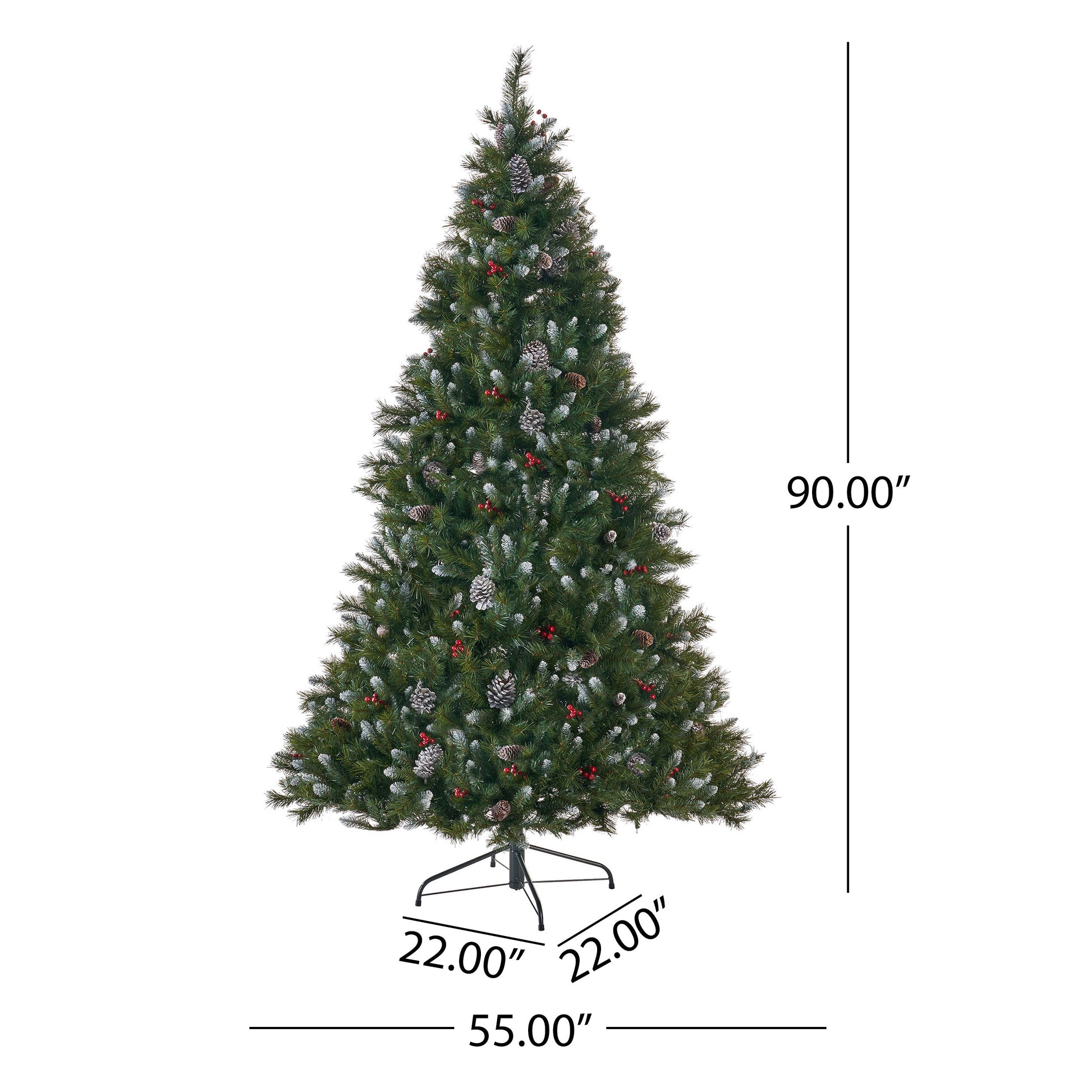 7.5' Mixed Frosted Hinged Tree With 56Frosted Pine Cones And 28Red Berry And 550Clear Lights,Dia:55 Green Pvc