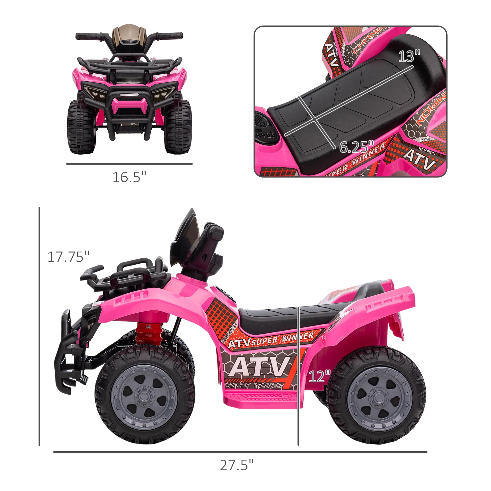 Aosom Kids Atv Four Wheeler Ride On Car, Motorized Quad, 6V Battery Powered Electric Quad With Songs For 18 36 Months, Pink Pink Iron Plastic