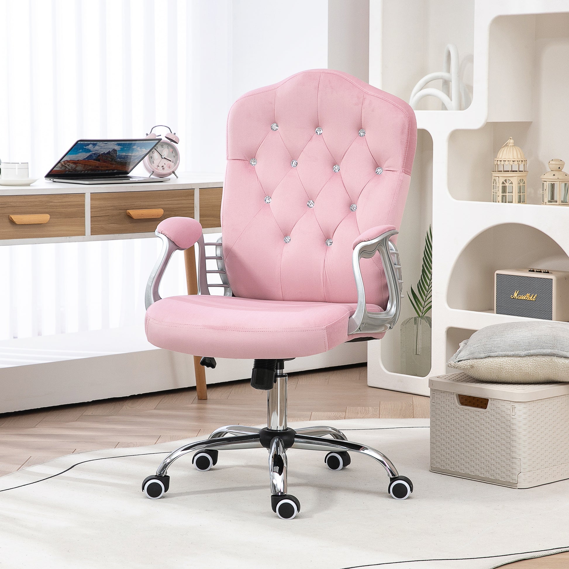 Vinsetto Home Office Chair, Velvet Computer Chair, Button Tufted Desk Chair With Swivel Wheels, Adjustable Height, And Tilt Function, Pink Pink Polyester