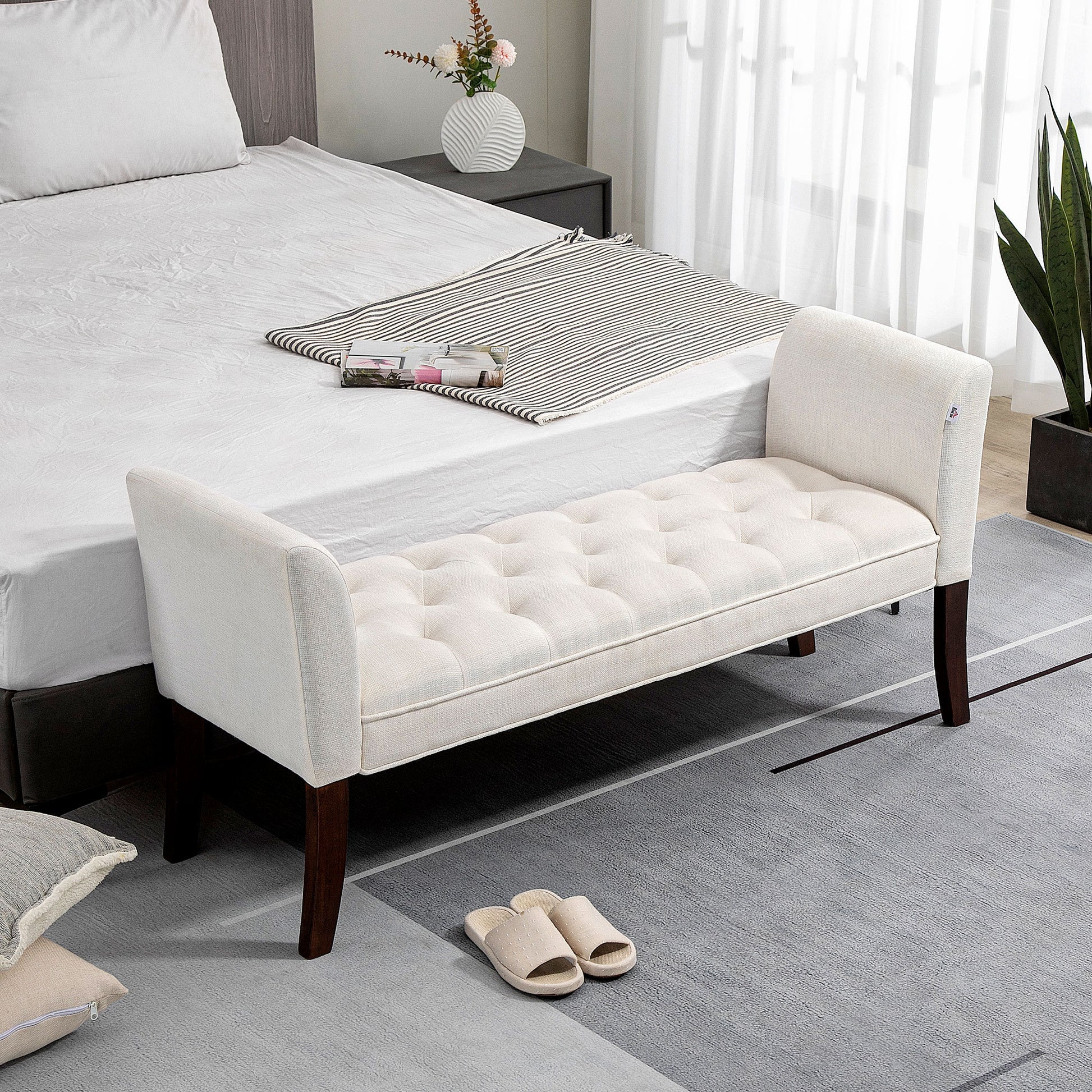 Homcom End Of Bed Bench With Button Tufted Design, Upholstered Bedroom Entryway Bench With Arms And Solid Wood Legs For Bedroom, Cream White Cream White Wood