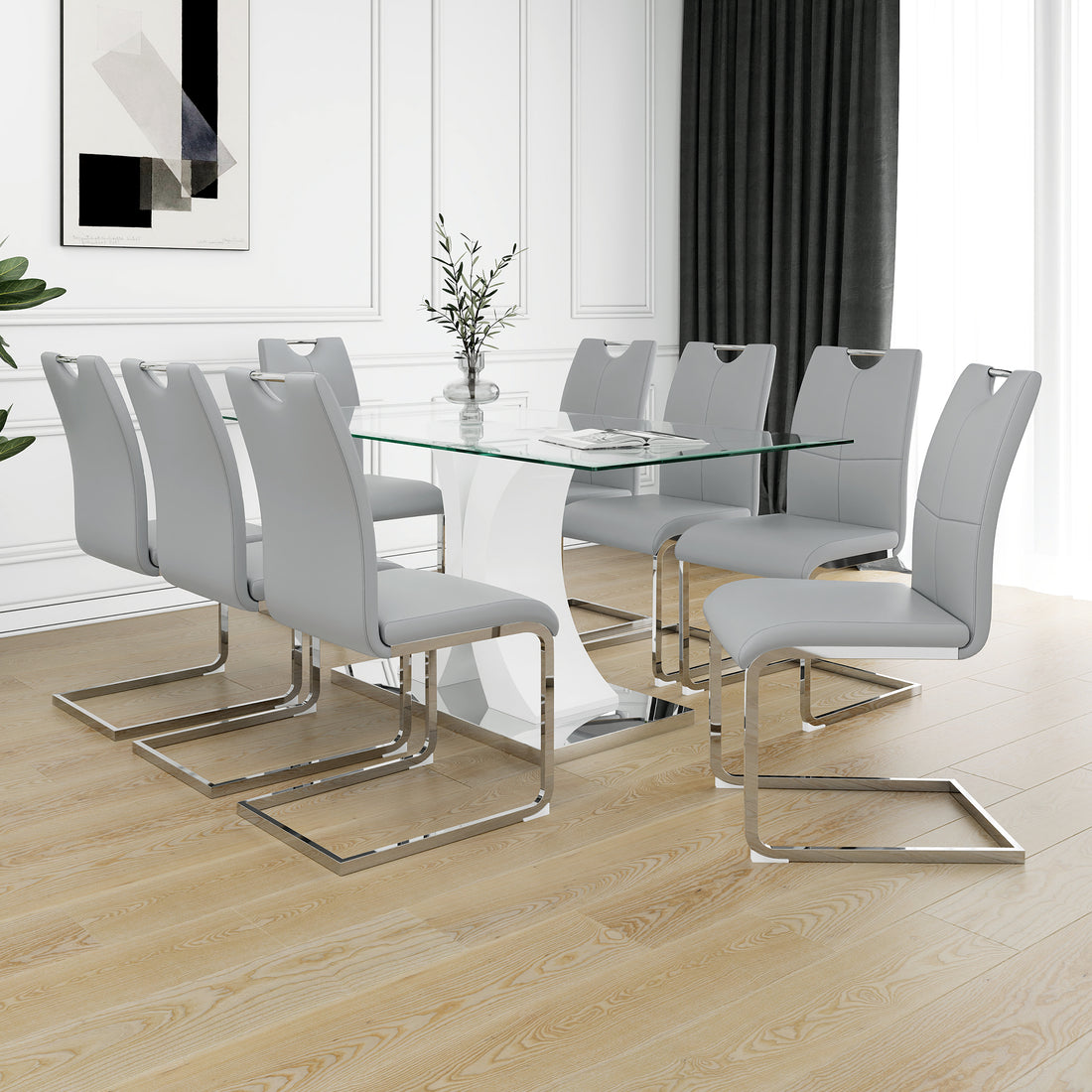 Modern Style Glass Table, Elegant Transparent Design, Durable Support Base, Gray Dining Chair Set, Electroplated Chair Legs, Suitable For Restaurant Kitchens Set Of 9 Gray Pu Mdf Metal