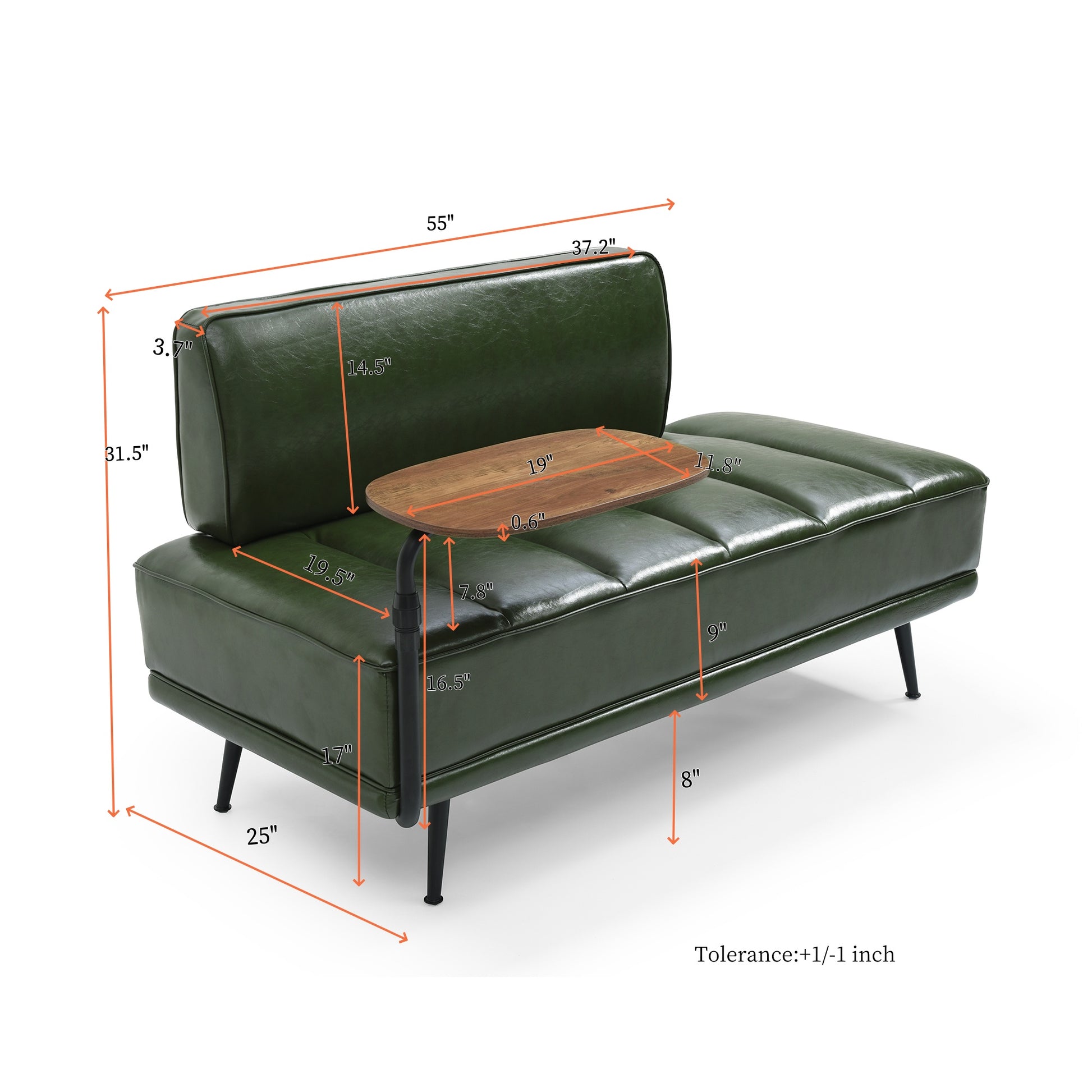 55"Inch Width Modern End Of Bed Bench,Green Faux Leather Upholstered With Side Table, 360 Degree Swivel Tray Couch,Entryway Ottoman,Window Bench With Metal Legs For Bedroom, Living Room Green Faux Leather Wood Primary Living Space Modern Foam Pu Leather