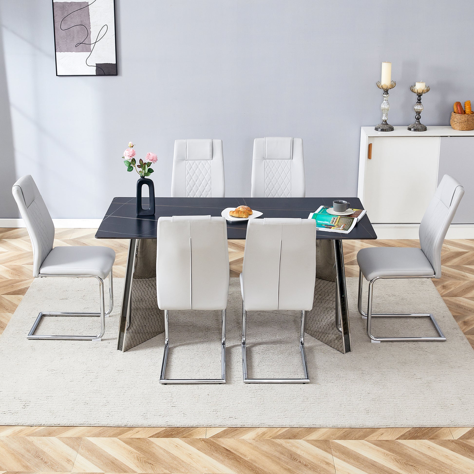 Table And Chair Set.63"X31.5X30" Black Marble Patterned Slabs Tabletop With Stainless Steel Butterfly Legs.Paried With 6 Light Gray High Quality Pu Chairs With Silver Metal Legs. Light Gray,Silver