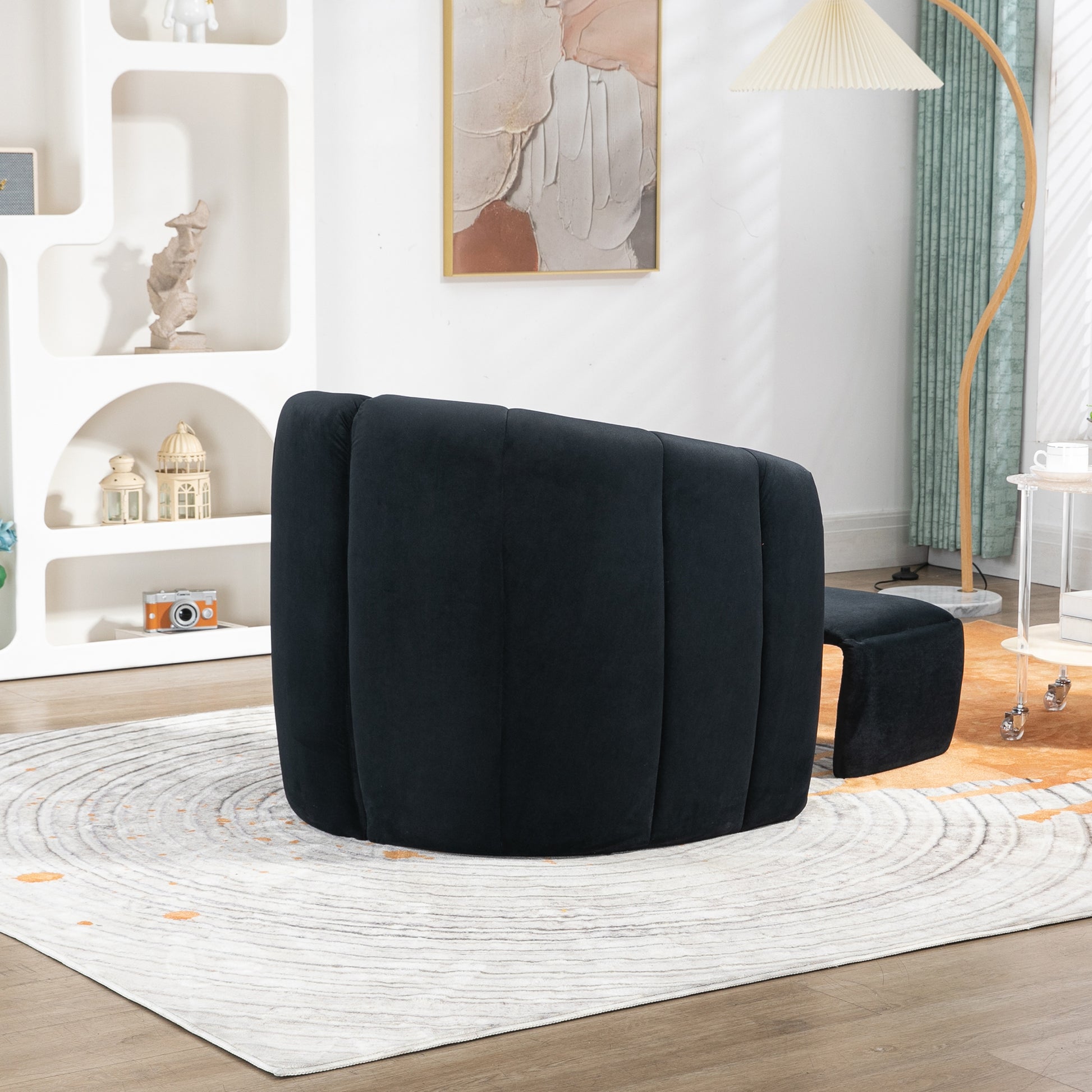 Coolmore Accent Chair With Ottoman, Mid Century Modern Barrel Chair Upholstered Club Tub Round Arms Chair For Living Room Bedroom Office Black Velvet Black Foam Velvet
