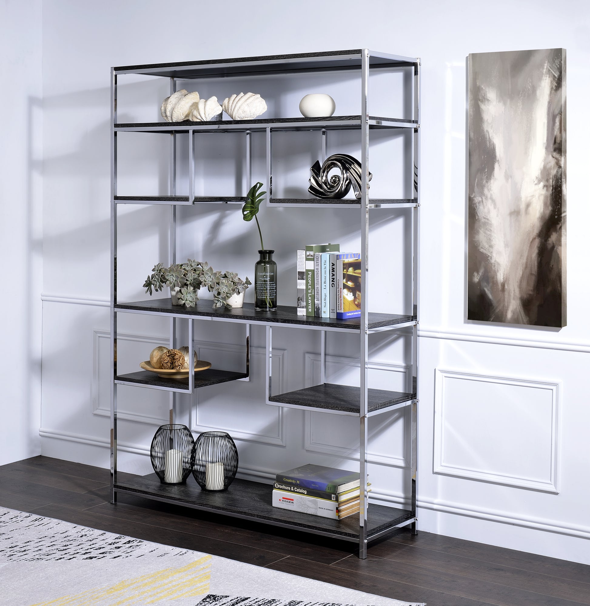 Vonara Rustic Gray Oak & Chrome Finish Bookshelf Chrome,Gray,Oak Metal,Synthetic Wood